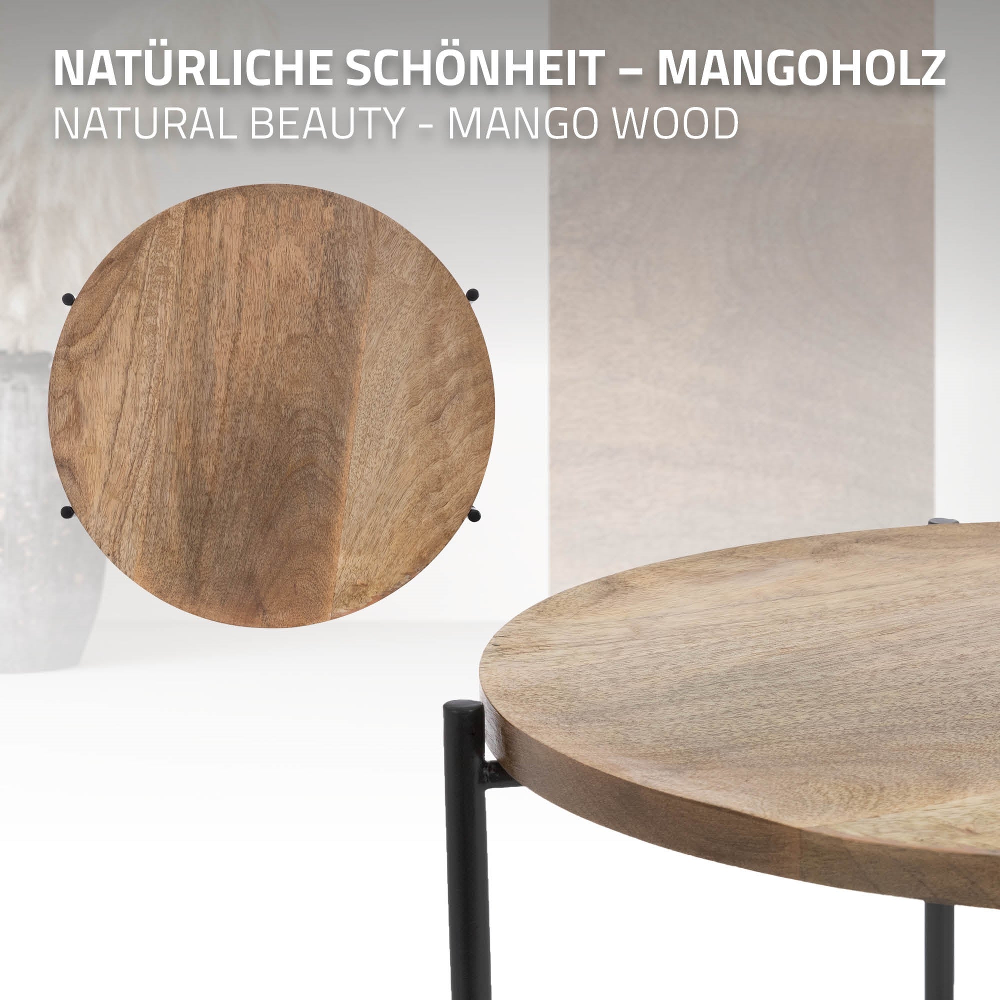 Tavolo rotondo in legno di mango con struttura nera.