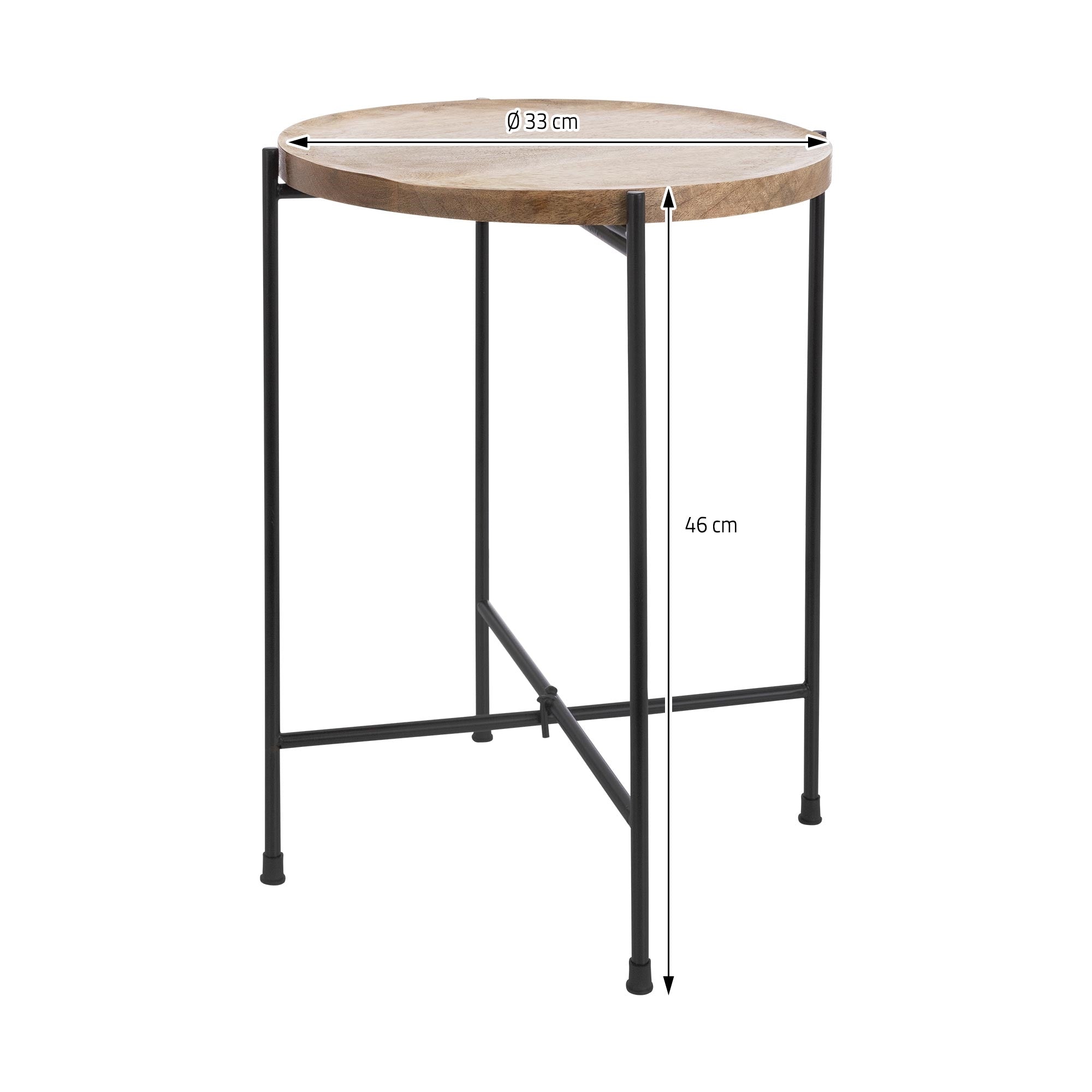Tavolo rotondo con piano in legno e gambe in metallo nero, misure: Ø 33 cm, altezza 46 cm.