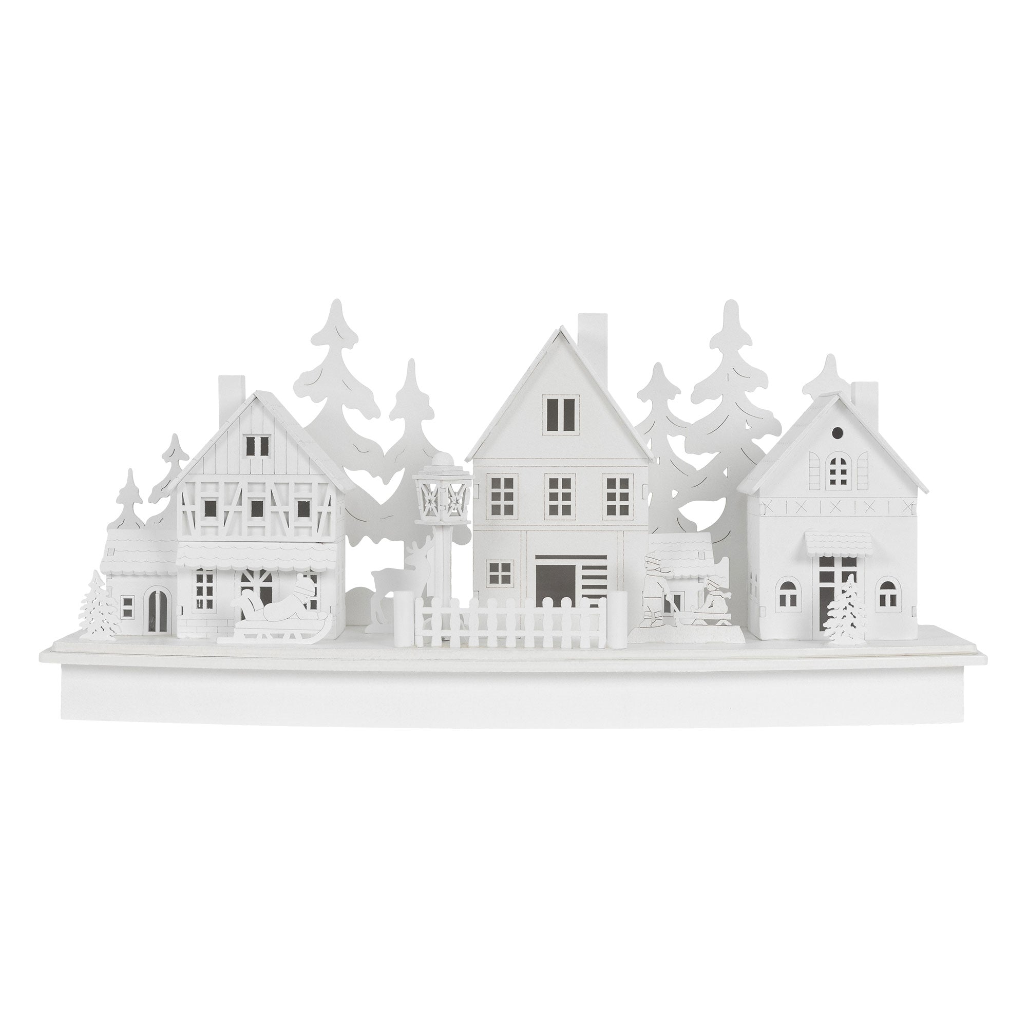 Trois maisons blanches avec des arbres et une clôture sur une base.