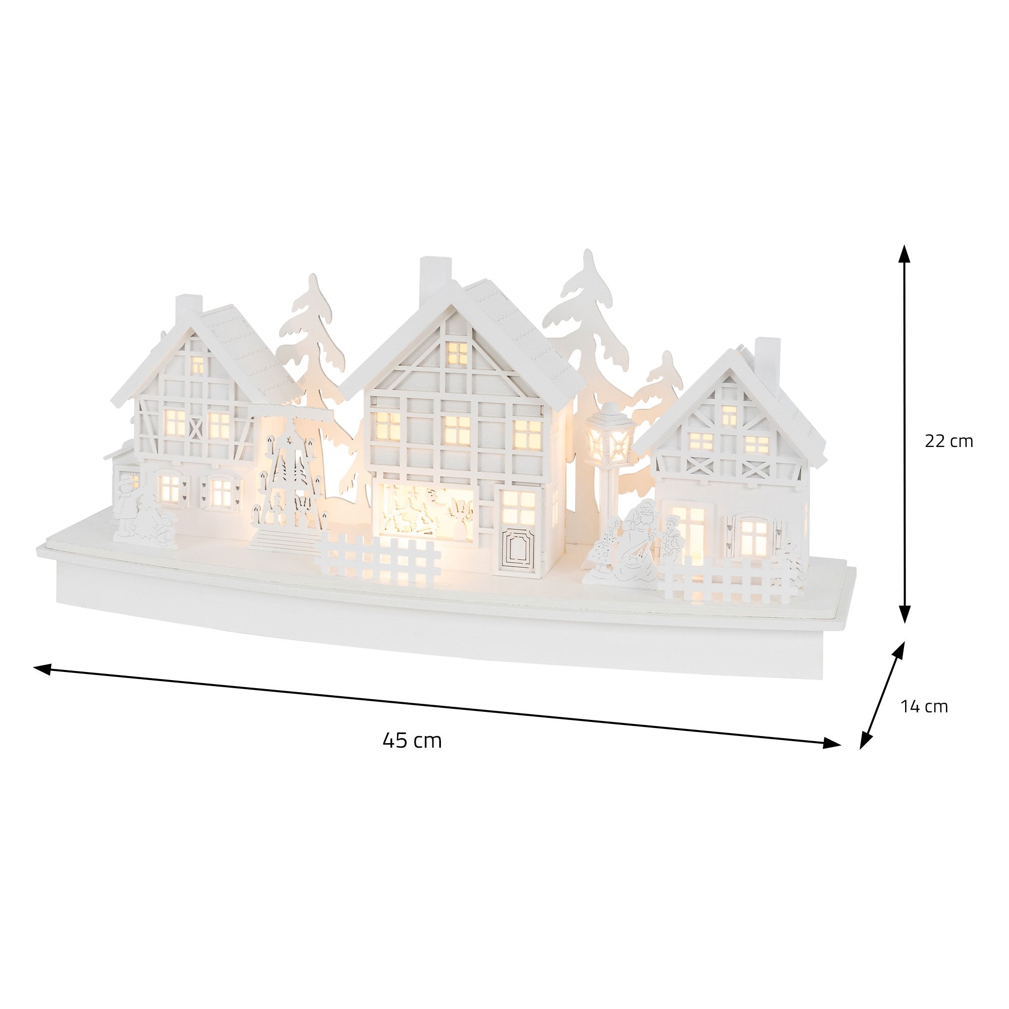 Decoratieve witte huizen met lichten, maatgegevens in cm.