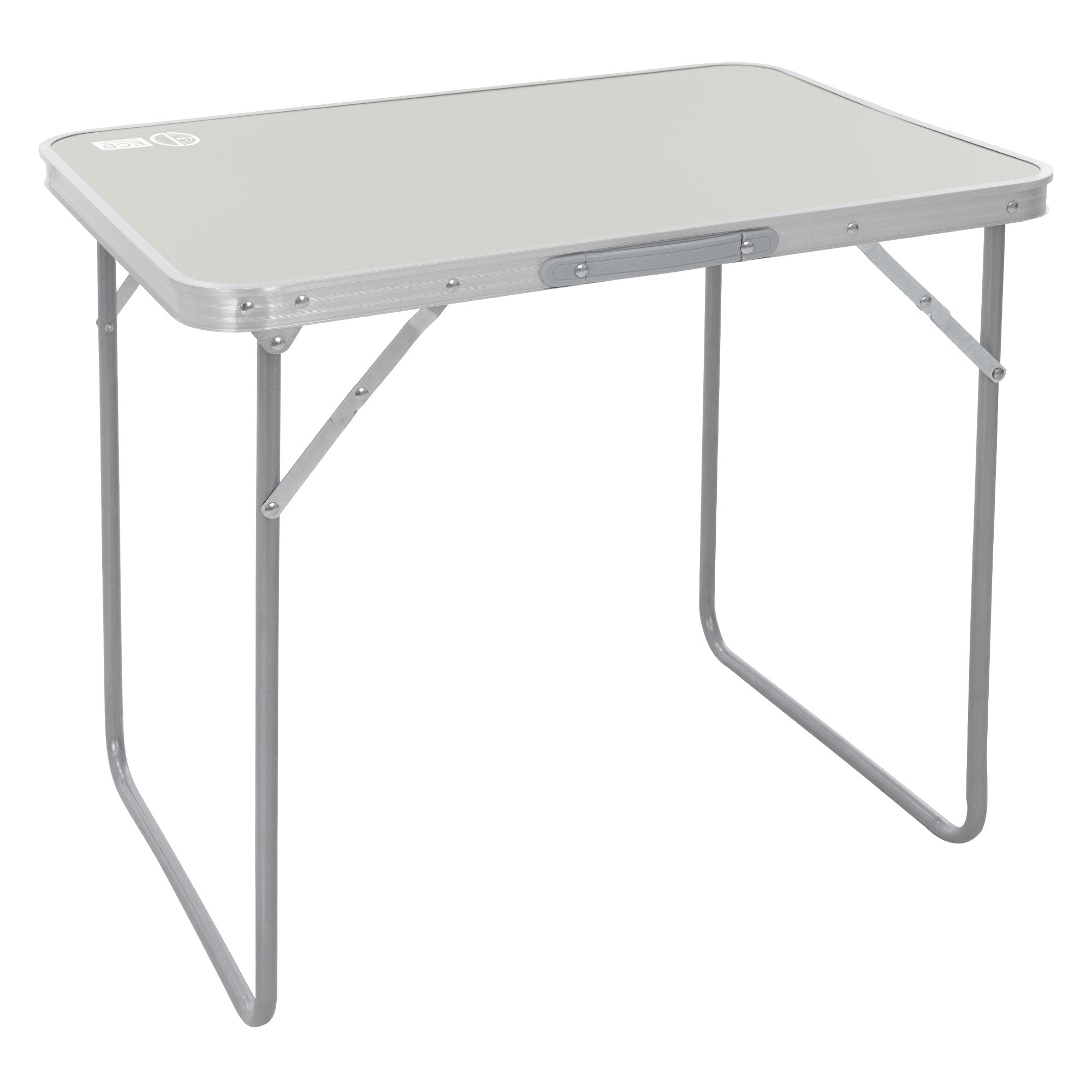 Mesa gris con patas de mesa desplegadas y construcción estable.