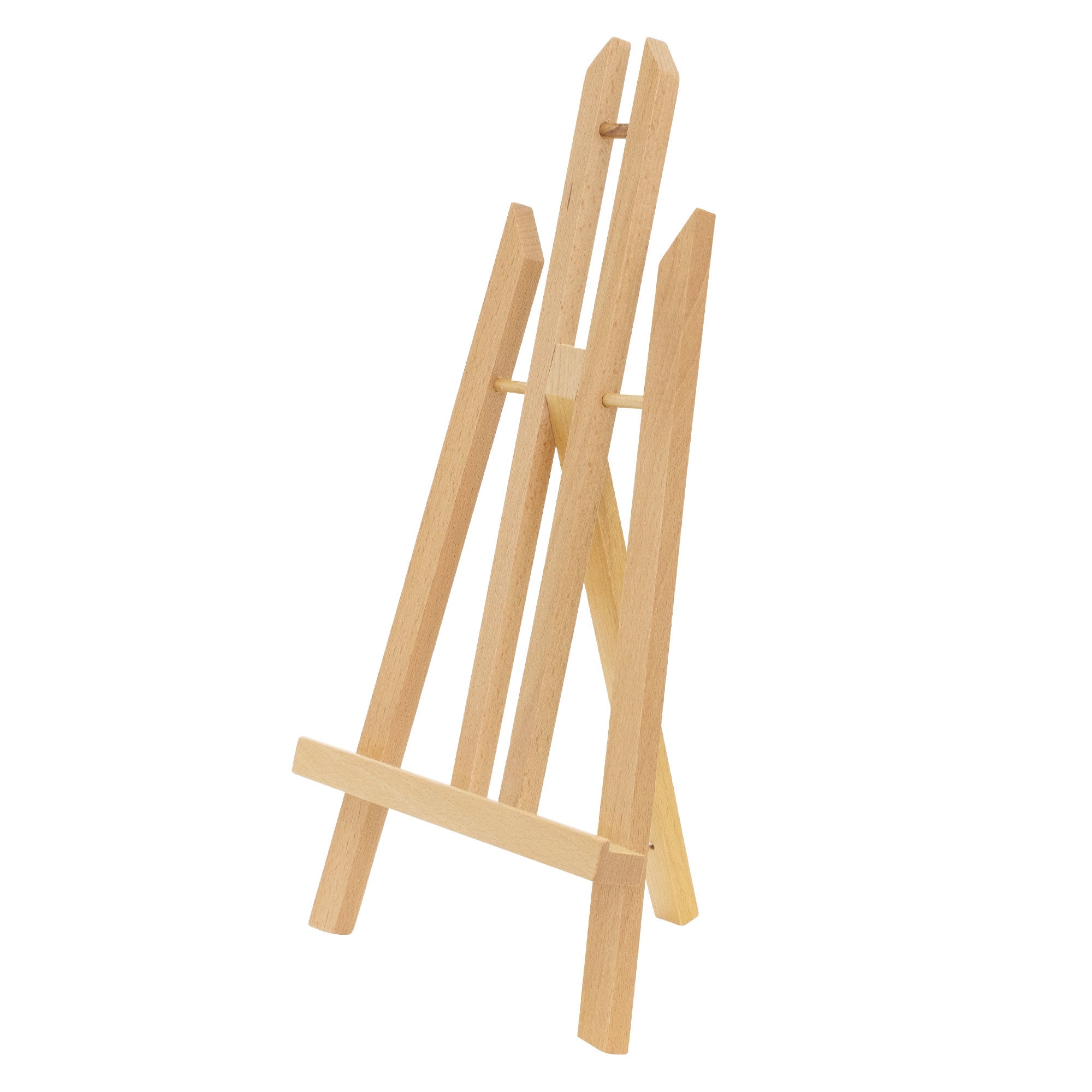 A wooden easel in an upright position, against a white background.