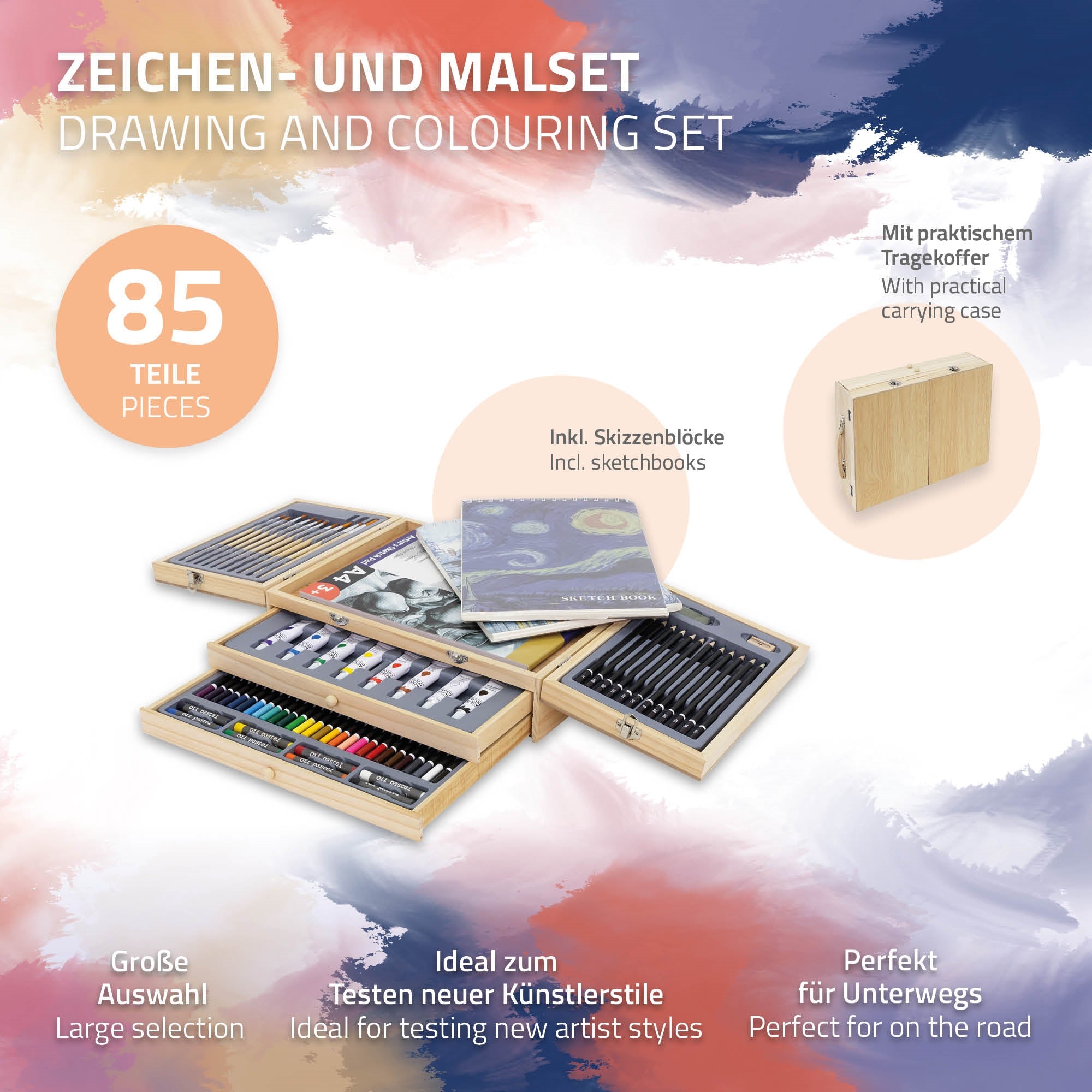 A drawing and painting set in a wooden carrying case with various art materials.