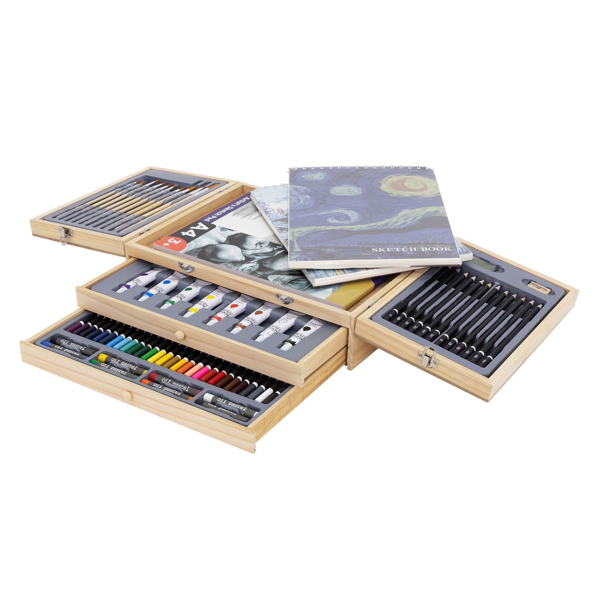 An open art set with various pens, colors, and a sketchbook.