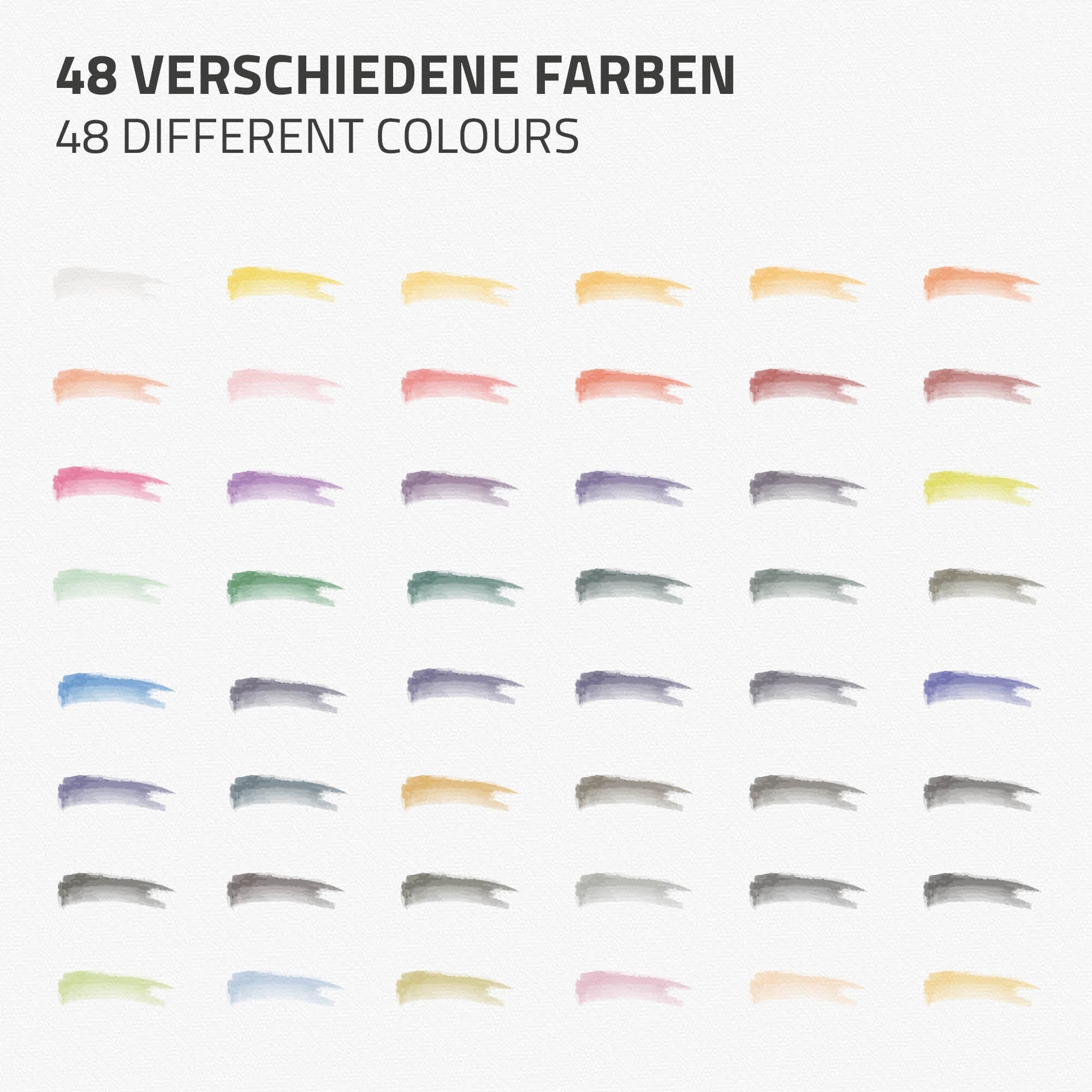 48 strisce di colore diverse in vari colori su sfondo bianco.