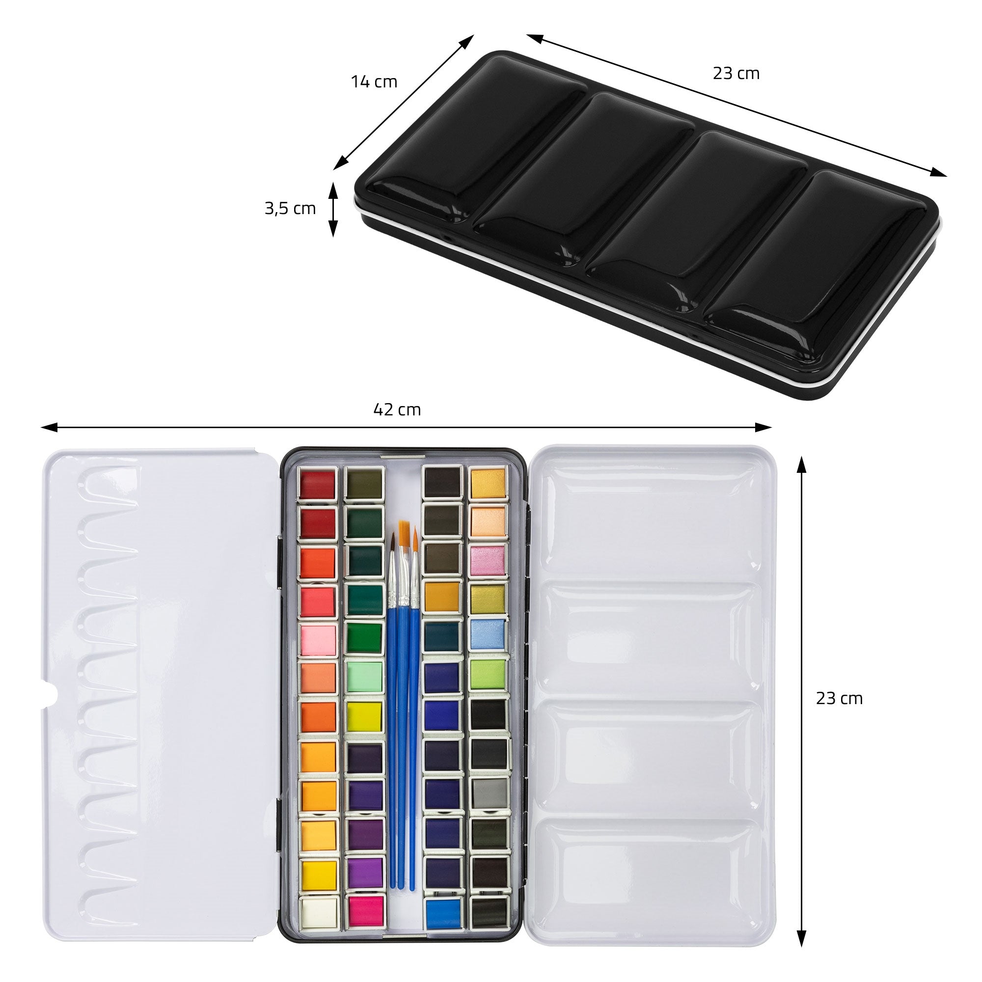 Scatola di colori ad acqua con vari colori e pennelli su un tavolo.