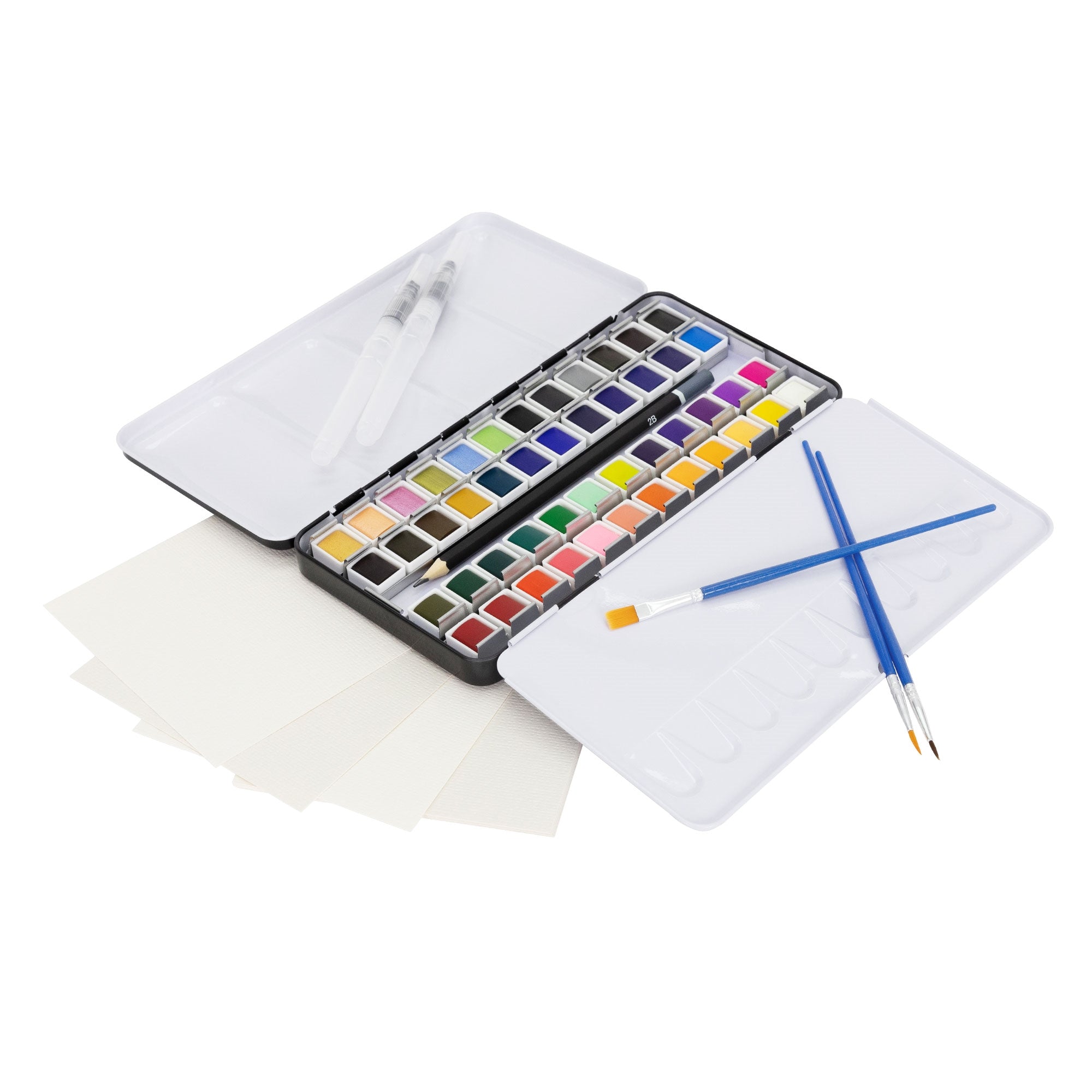 Watercolor box with colors, brushes, and blank sheets of paper.