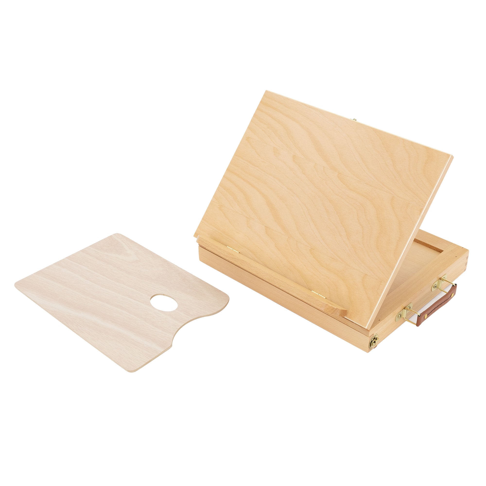 Open wooden painter's box with palette and space for colors.