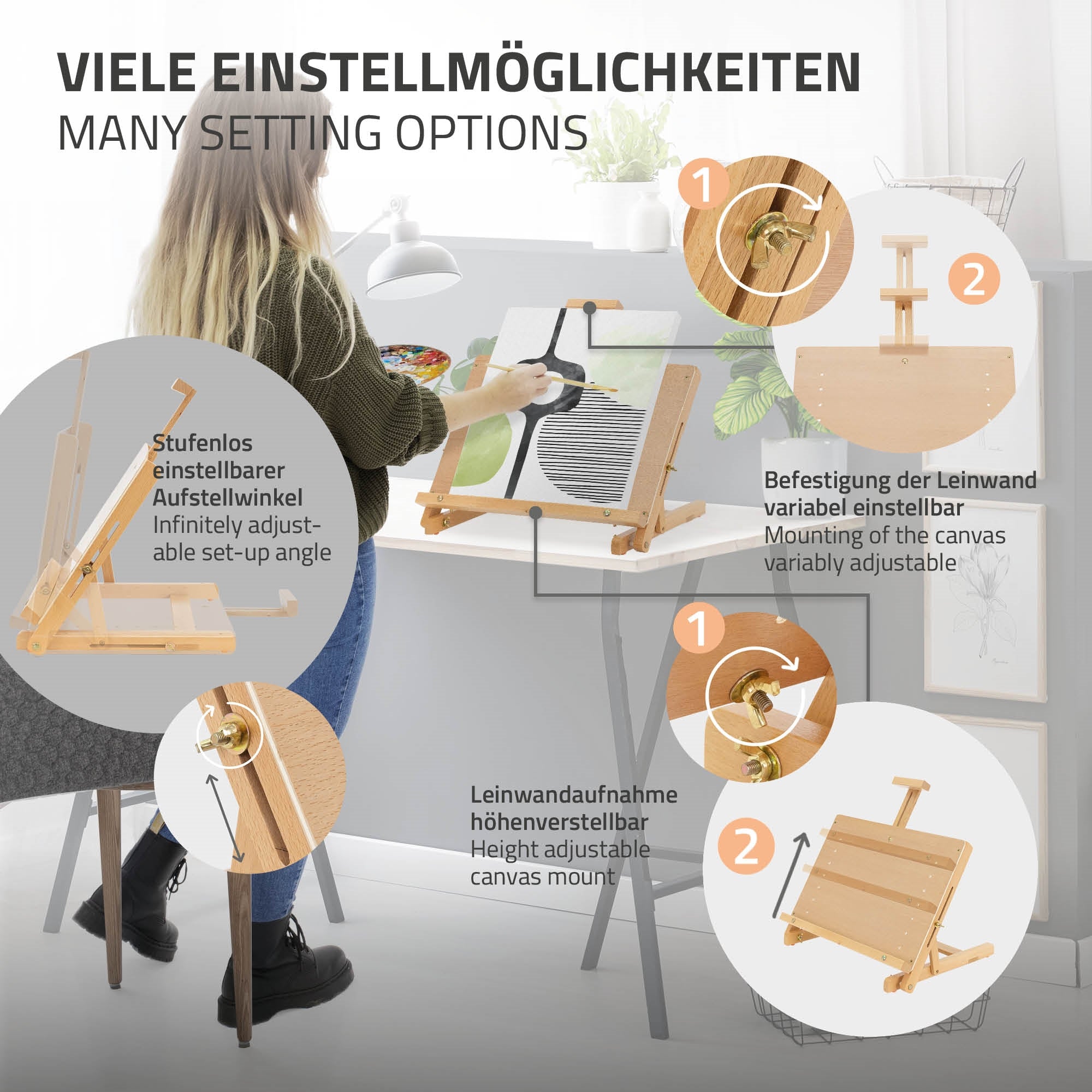 Illustration of the various adjustment options of an easel.