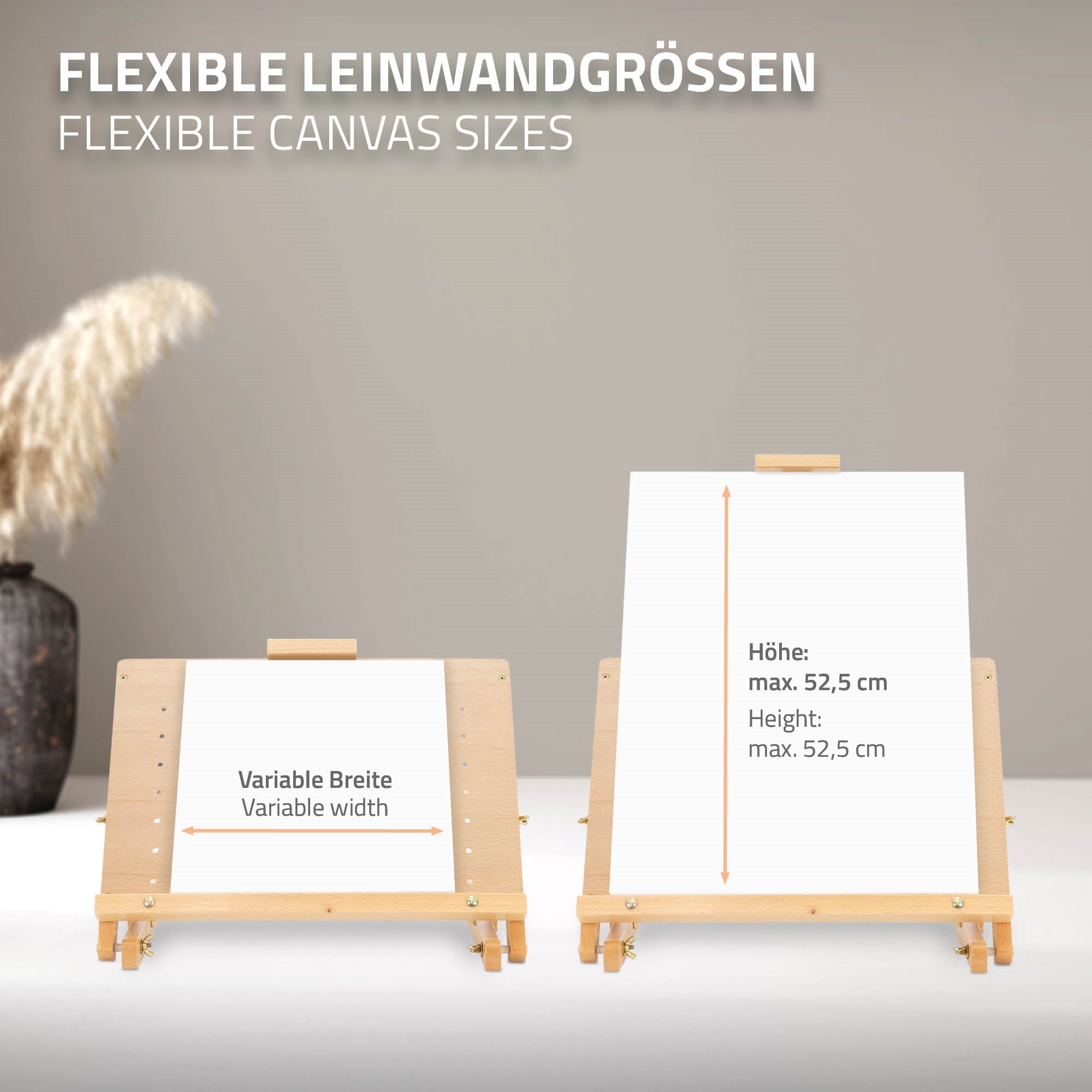 Two easels with variable canvas sizes, one with measurements.