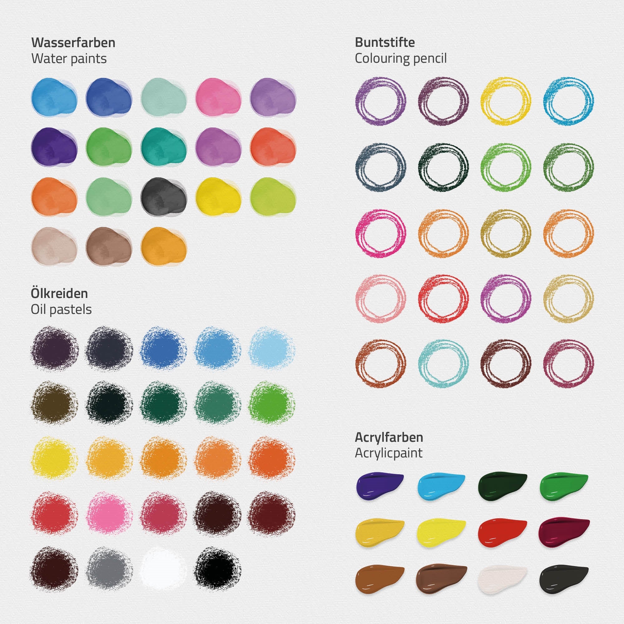 Colori e matite in diverse categorie su uno sfondo bianco.