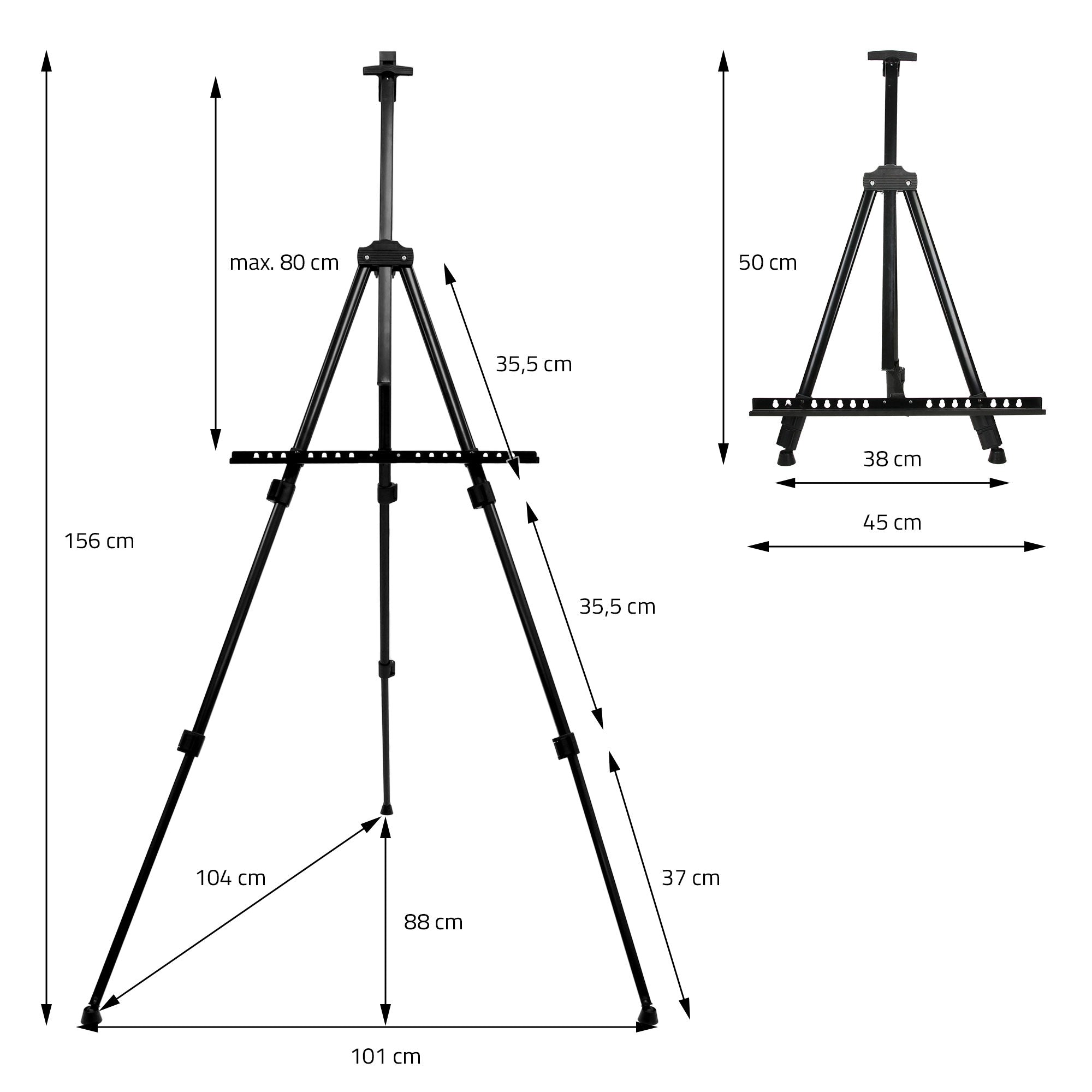 Disegno tecnico di un cavalletto con misure e dettagli.