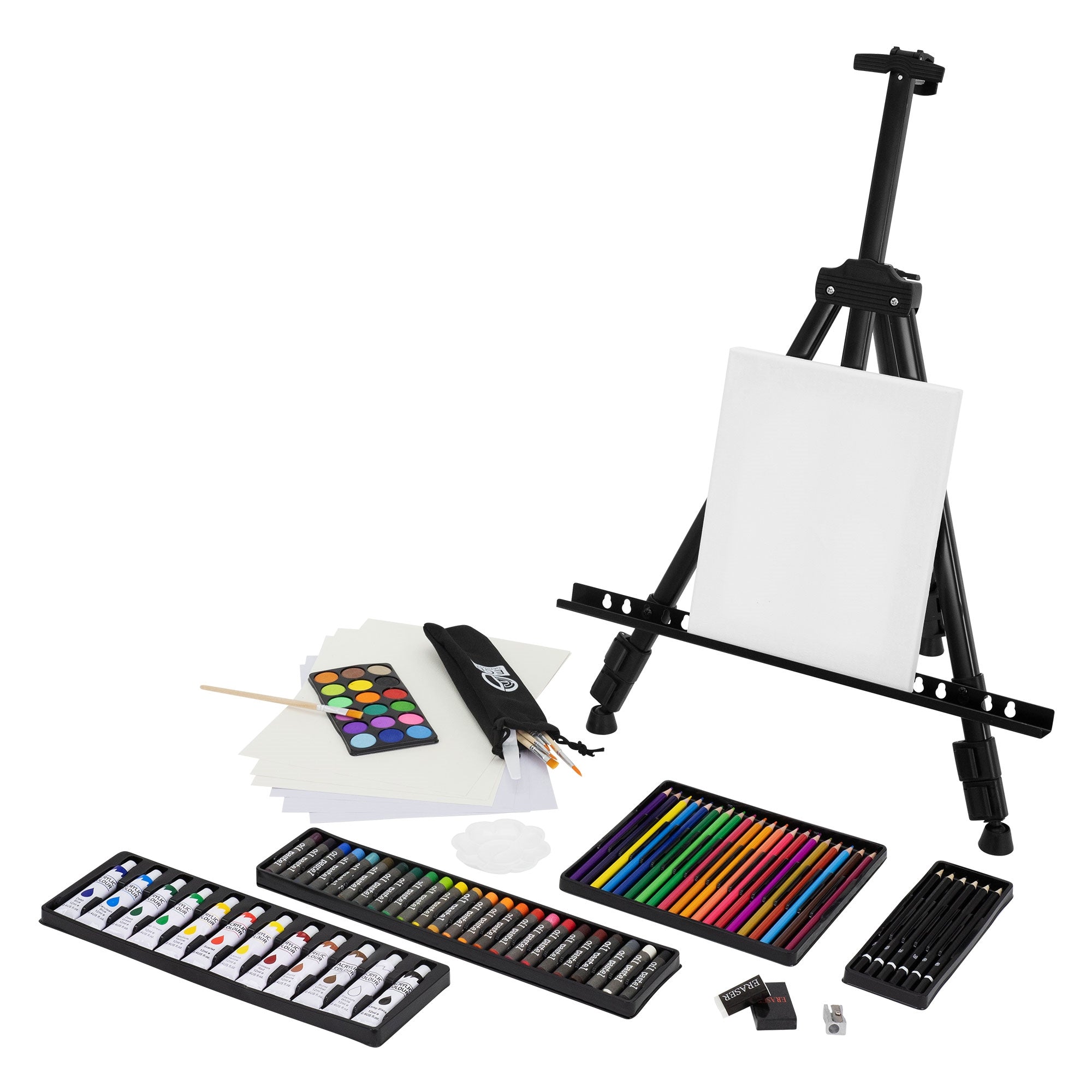 Small black easel with painting supplies and blank sheets.