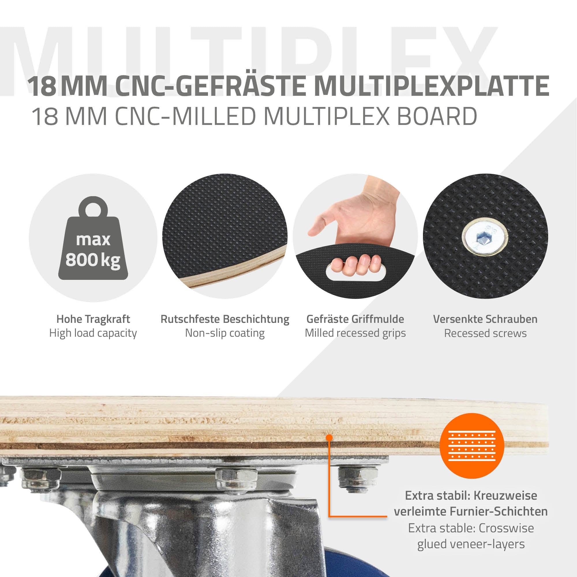 Multiplexplatte mit technischen Details und Tragkraft von 800 kg.