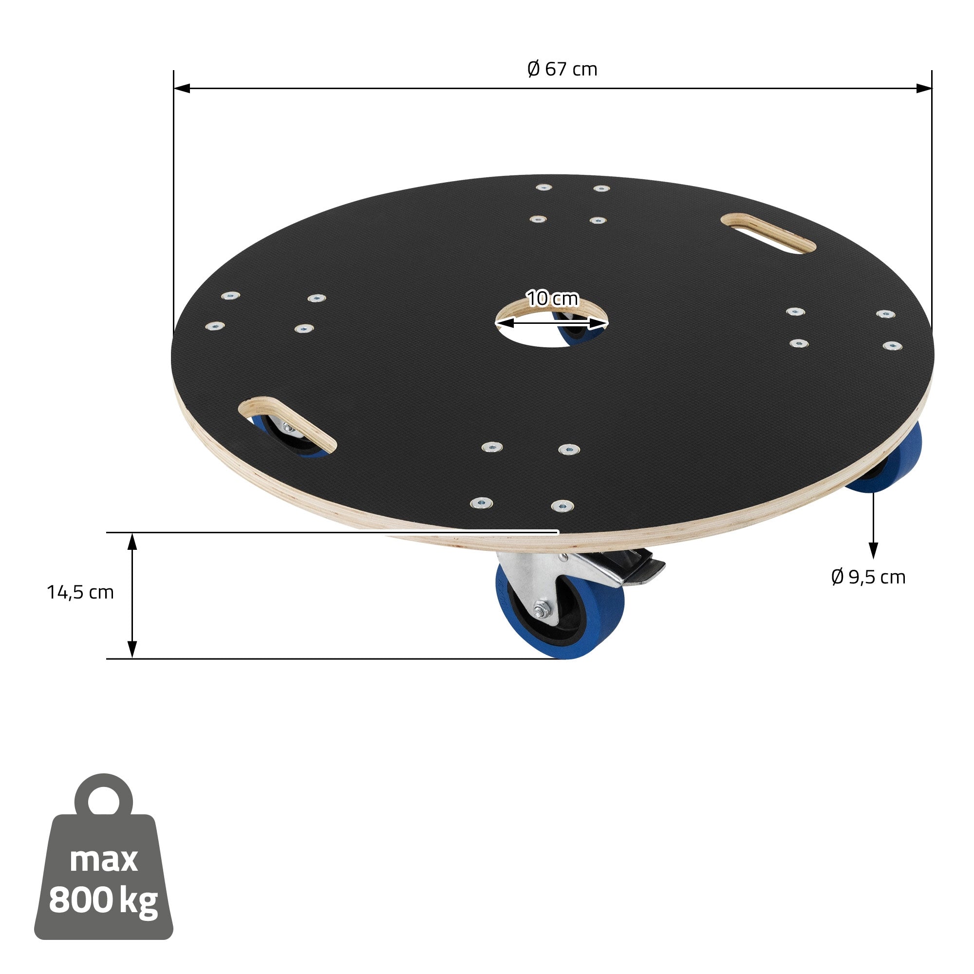Carrello per mobili rotondo con dimensioni e capacità di carico di 800 kg.