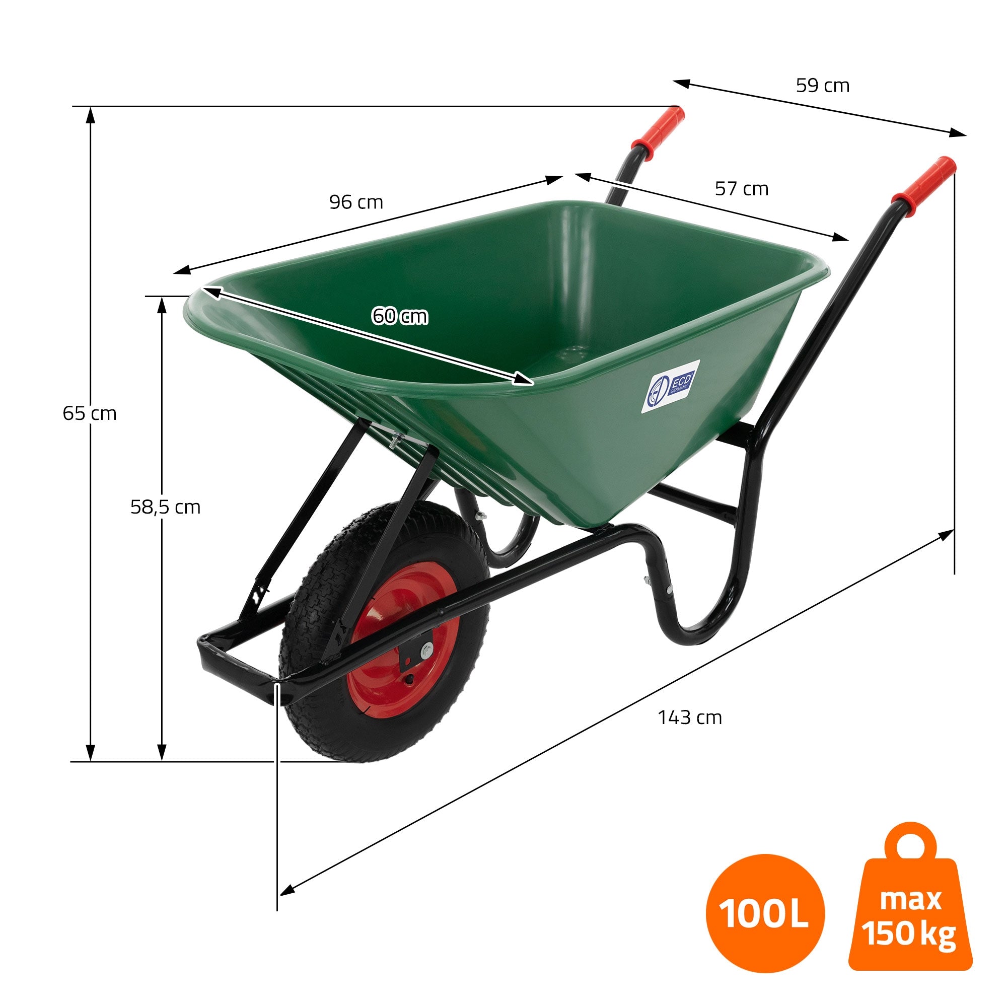 Groene tuinkar met afmetingen en maximale draagcapaciteit op een witte achtergrond.