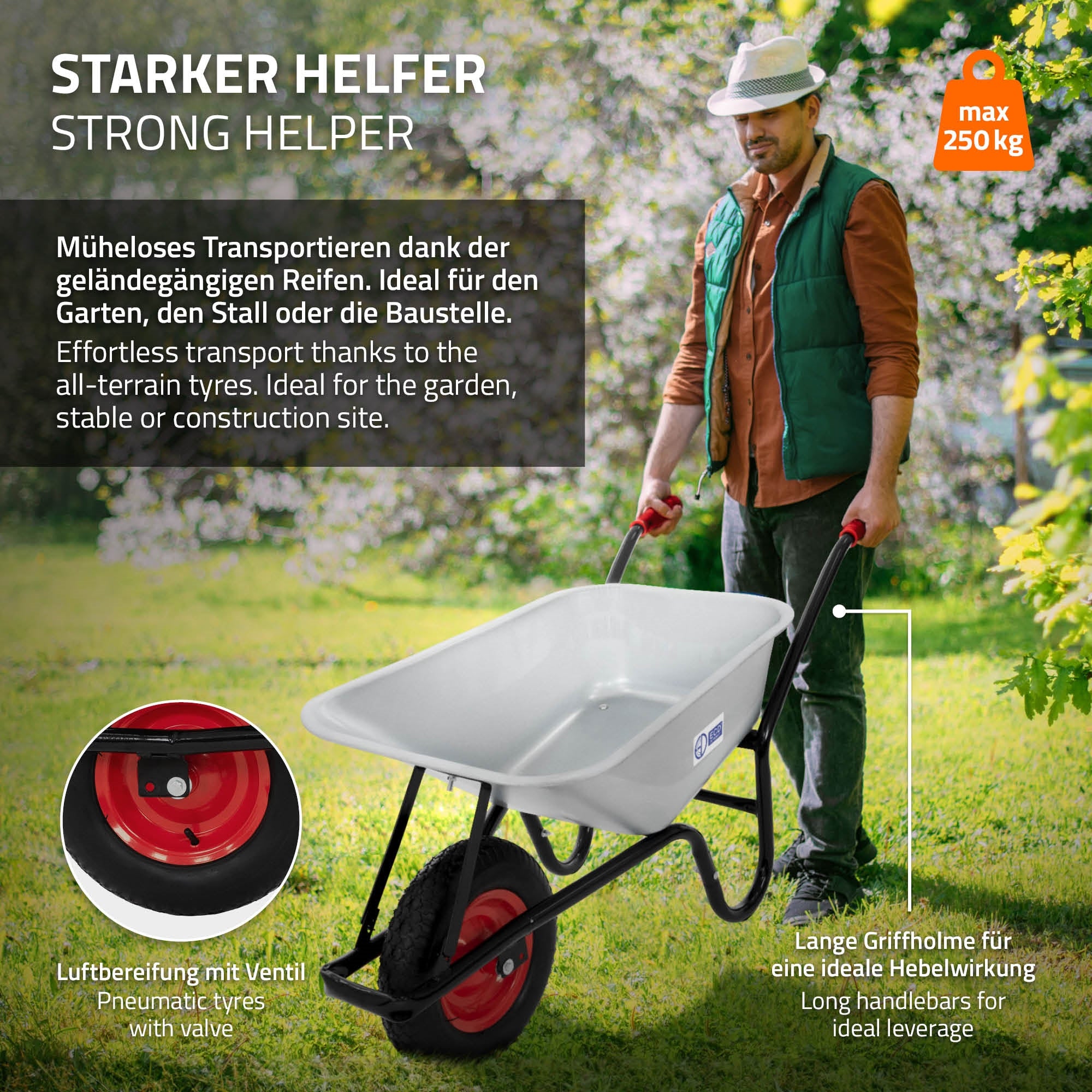 Schubkarre mit großen Reifen für einfaches Transportieren im Garten.