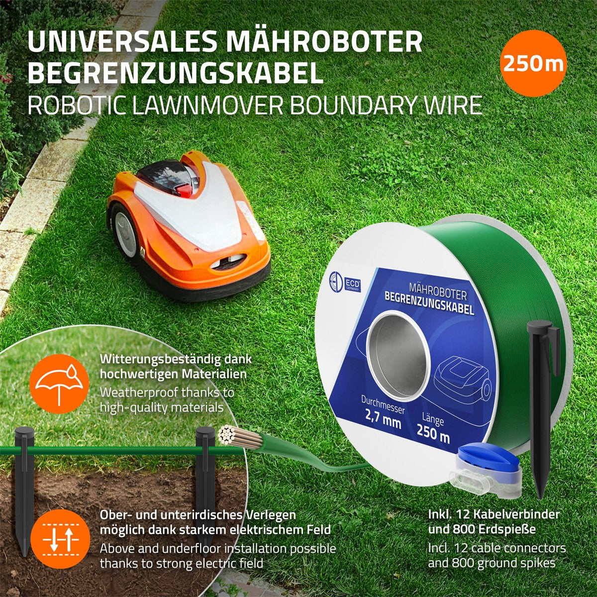 Mähroboter Begrenzungskabel auf einer Rolle, grün, mit technischen Details.
