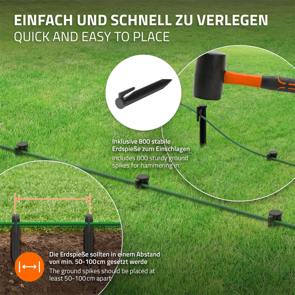 Hamer en aardpinnen voor het bevestigen van een begrenzingskabel in de tuin.