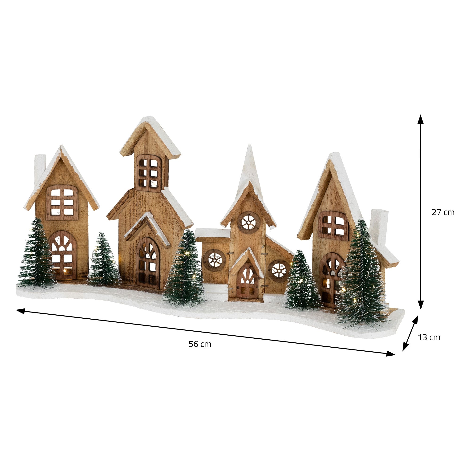 Dekorative Holzhäuser mit Tannenbäumen, Maße: 56 cm x 27 cm x 13 cm.