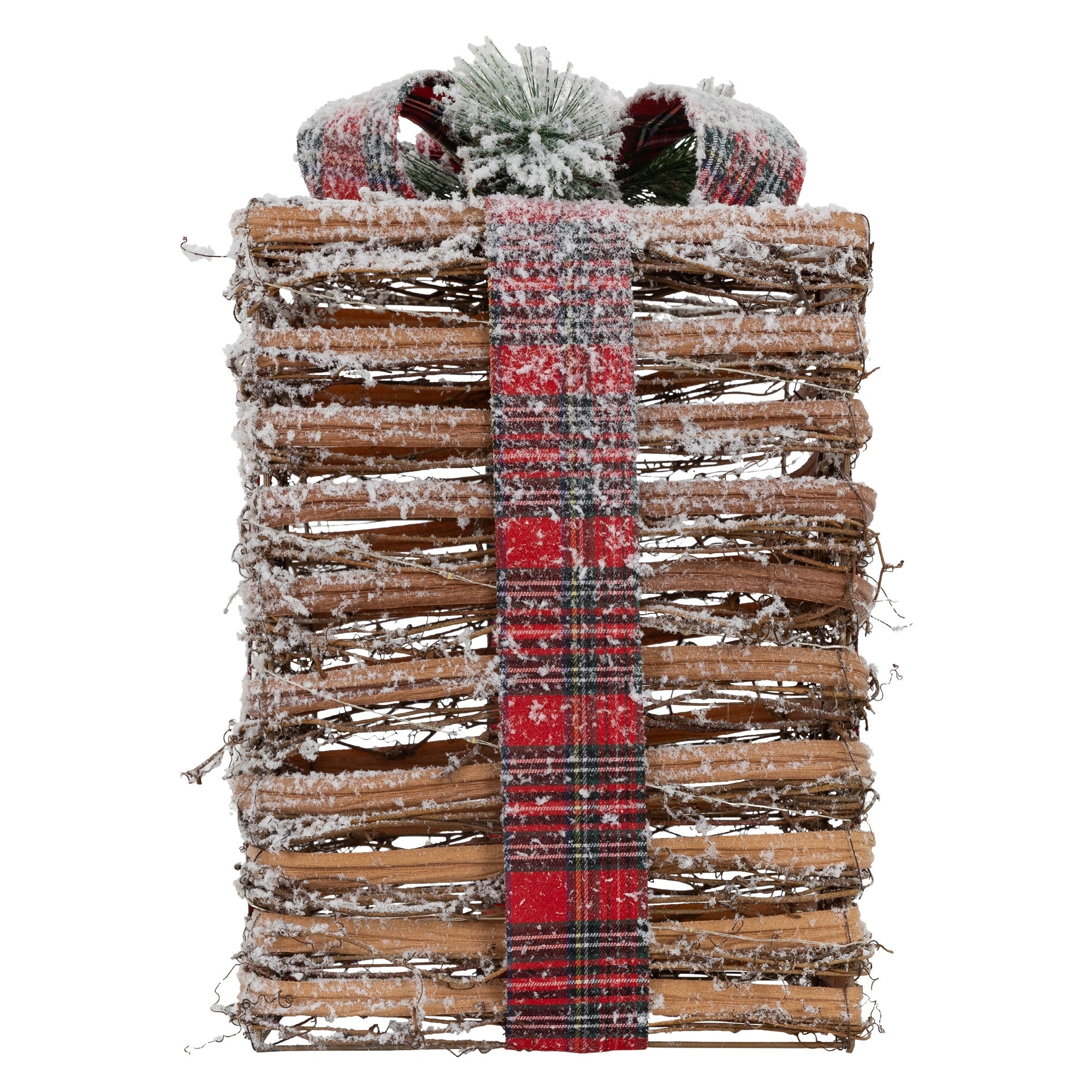 A gift basket with red ribbon and snow.