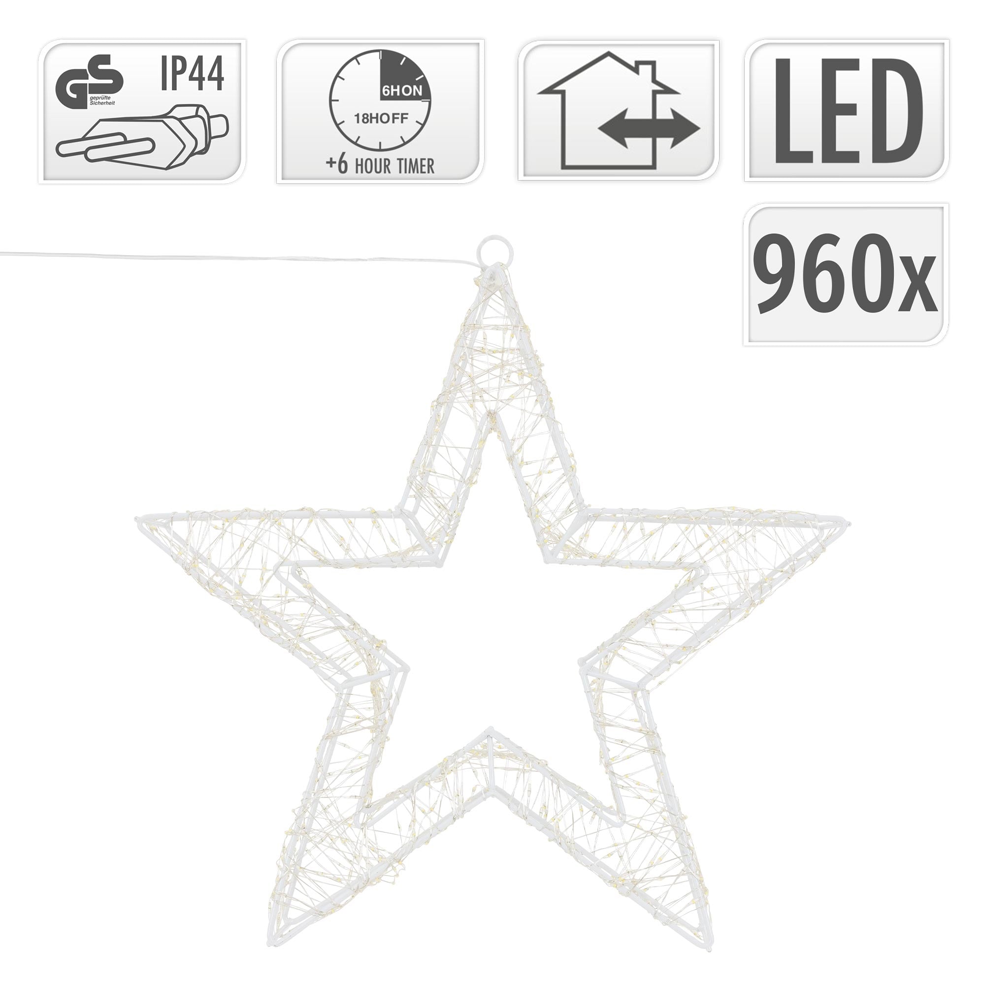 Étoile en fil de fer avec protection IP44, éclairage LED et fonction minuterie.