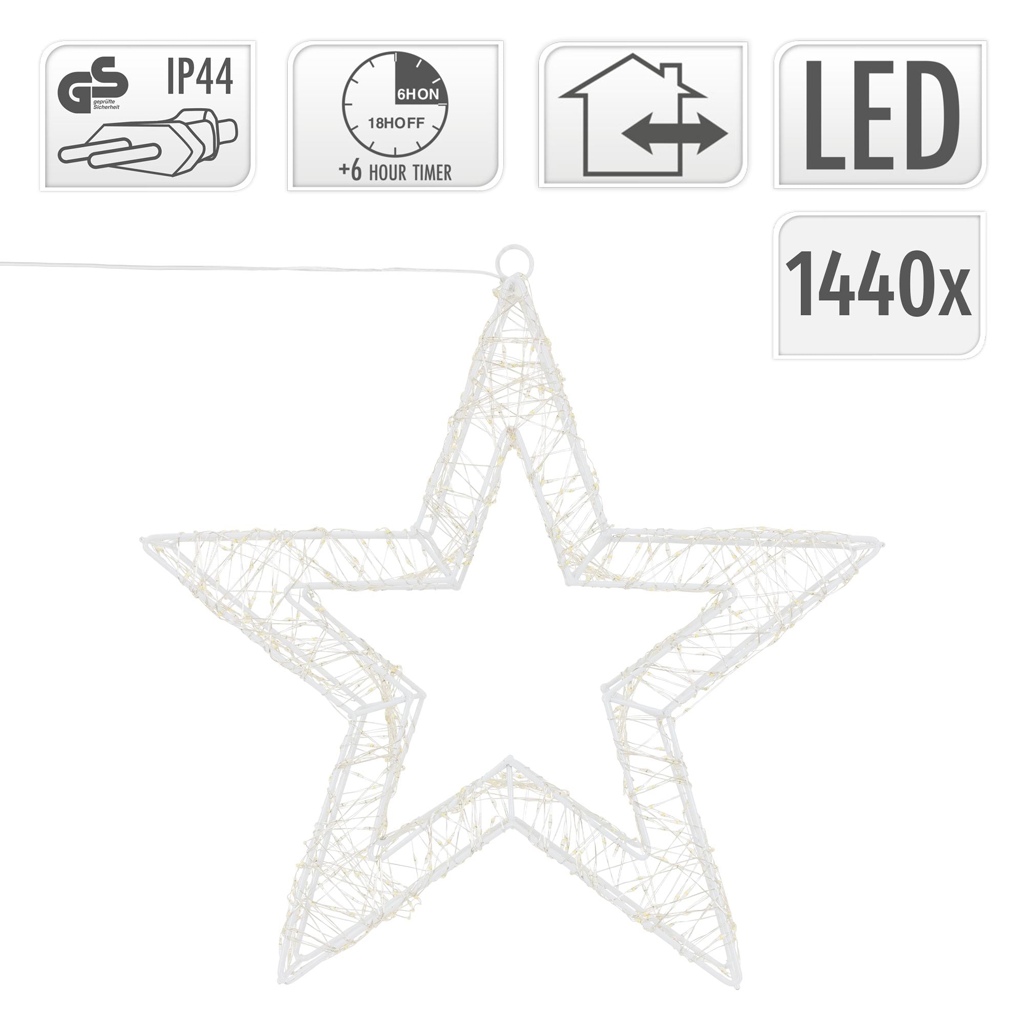 Décoration LED en forme d'étoile avec des éléments transparents et des symboles techniques.