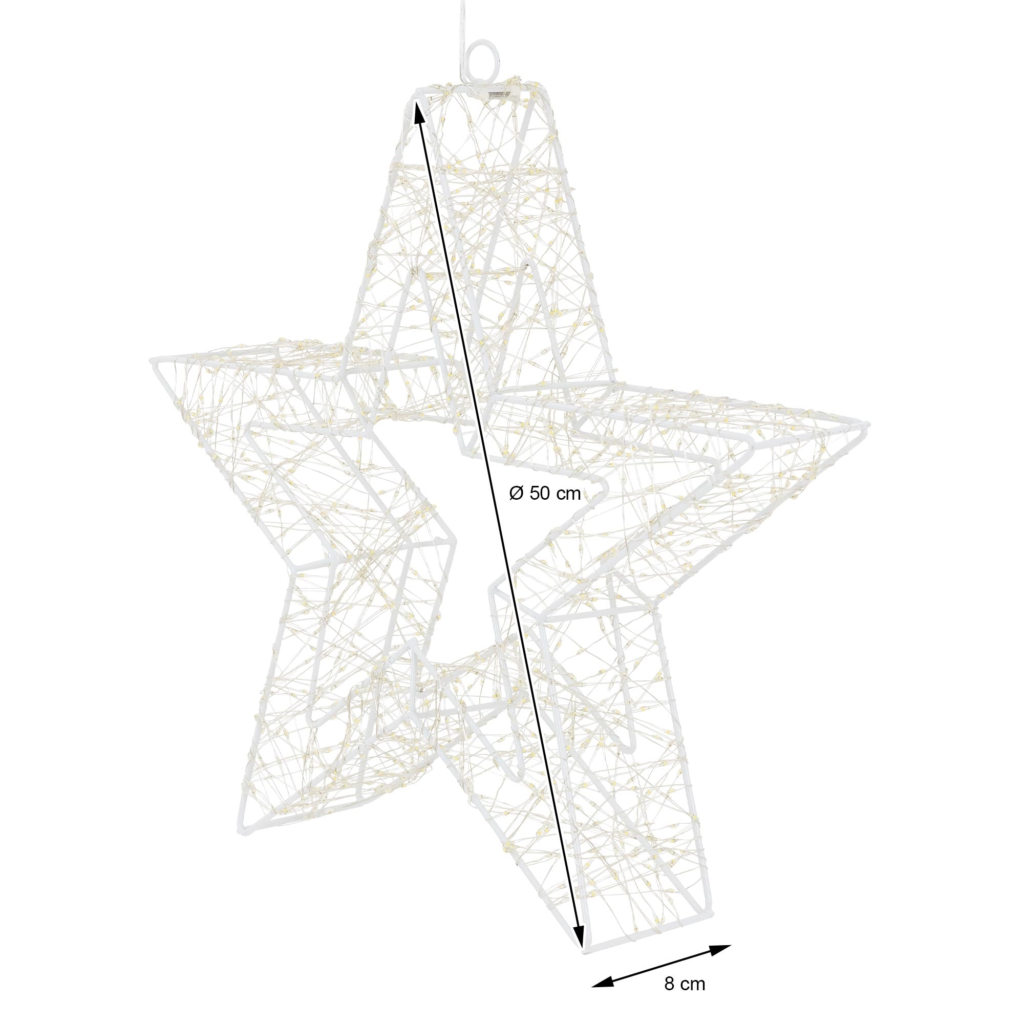 Étoile lumineuse en fil de fer de 50 cm de diamètre et 8 cm de hauteur.