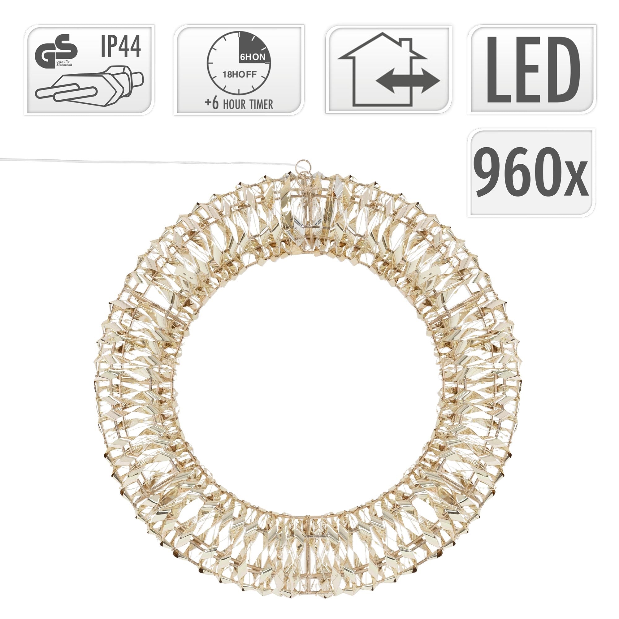 Ronde LED-lichtring met decoratieve kristallen en timerfunctie.