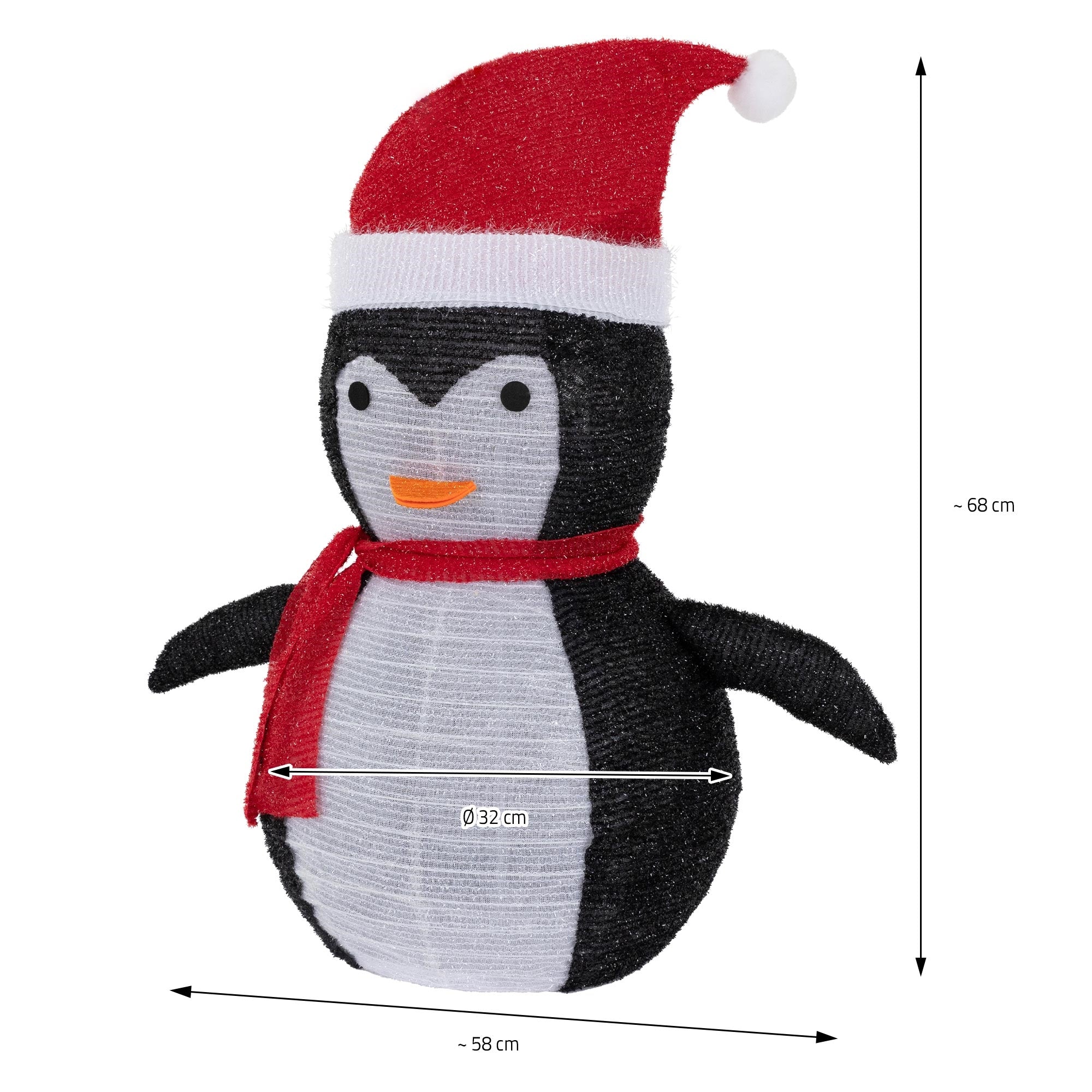Pingviini punaisella hatulla ja huivilla, mitat: 68 cm korkea, 58 cm leveä.