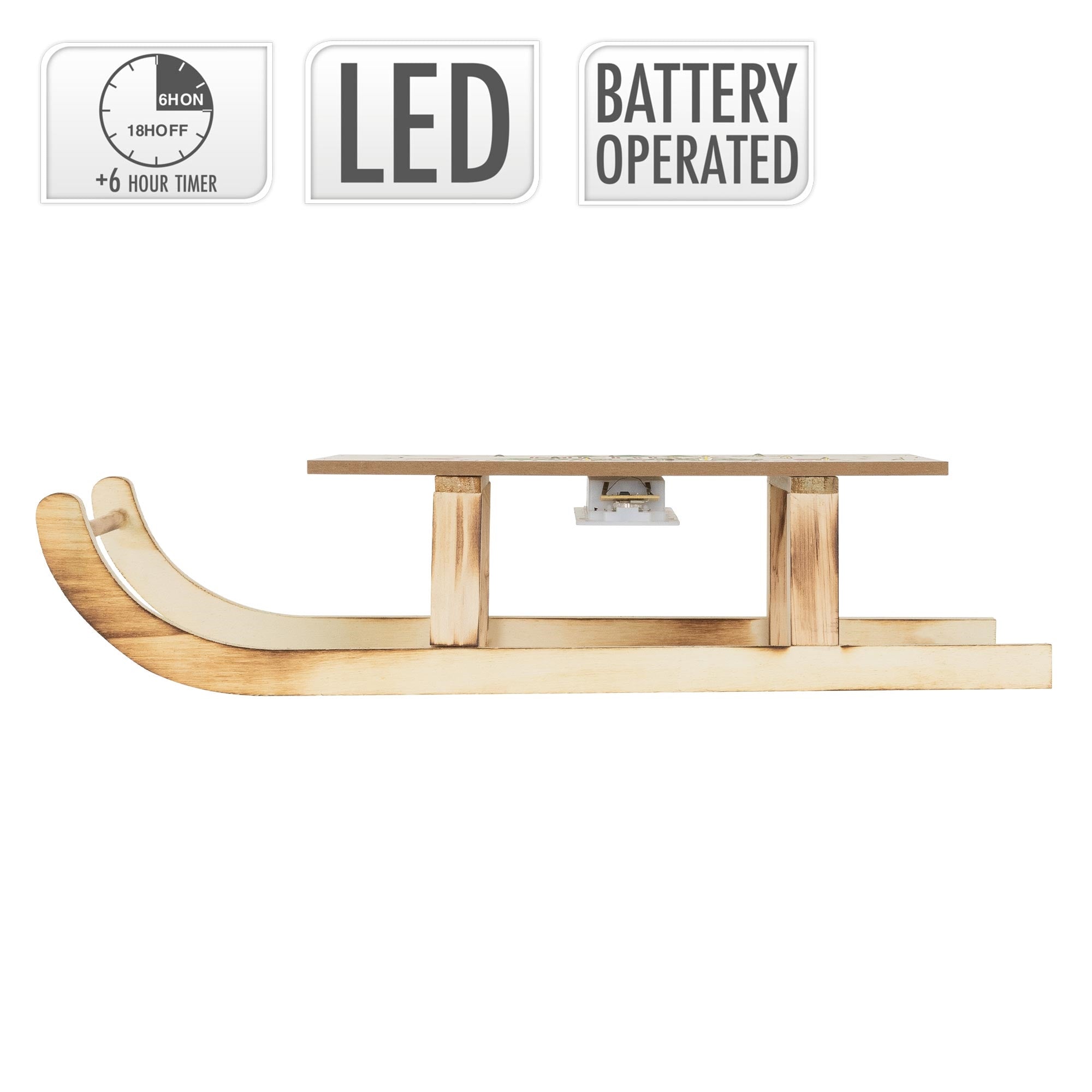Sidevisning af et træslæde med LED og batteridrift.