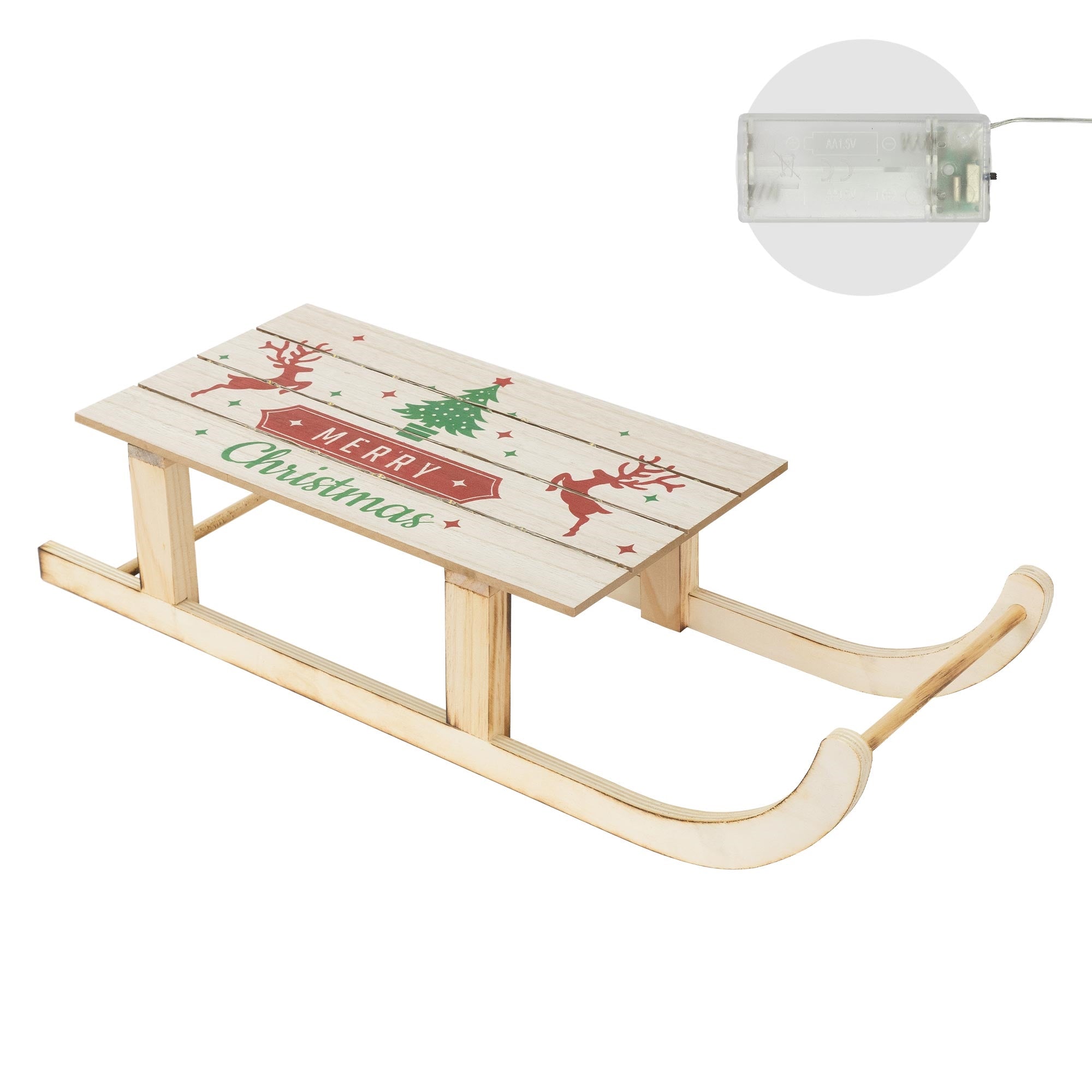Holzschlitten mit Weihnachtsmotiv und einer transparenten Steuerungseinheit.