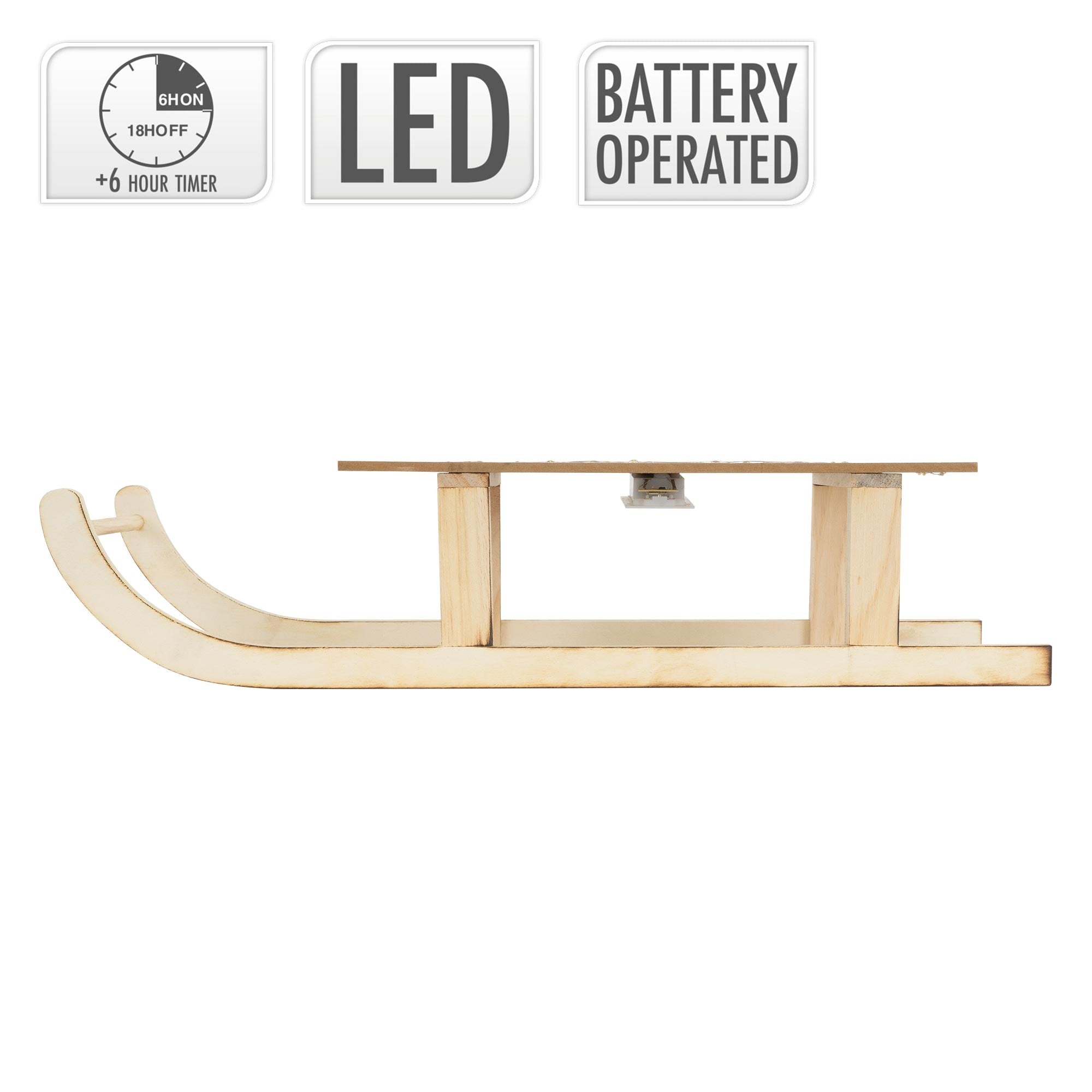 Seitenansicht eines Holzschlittens mit LED und Batteriebetrieb.