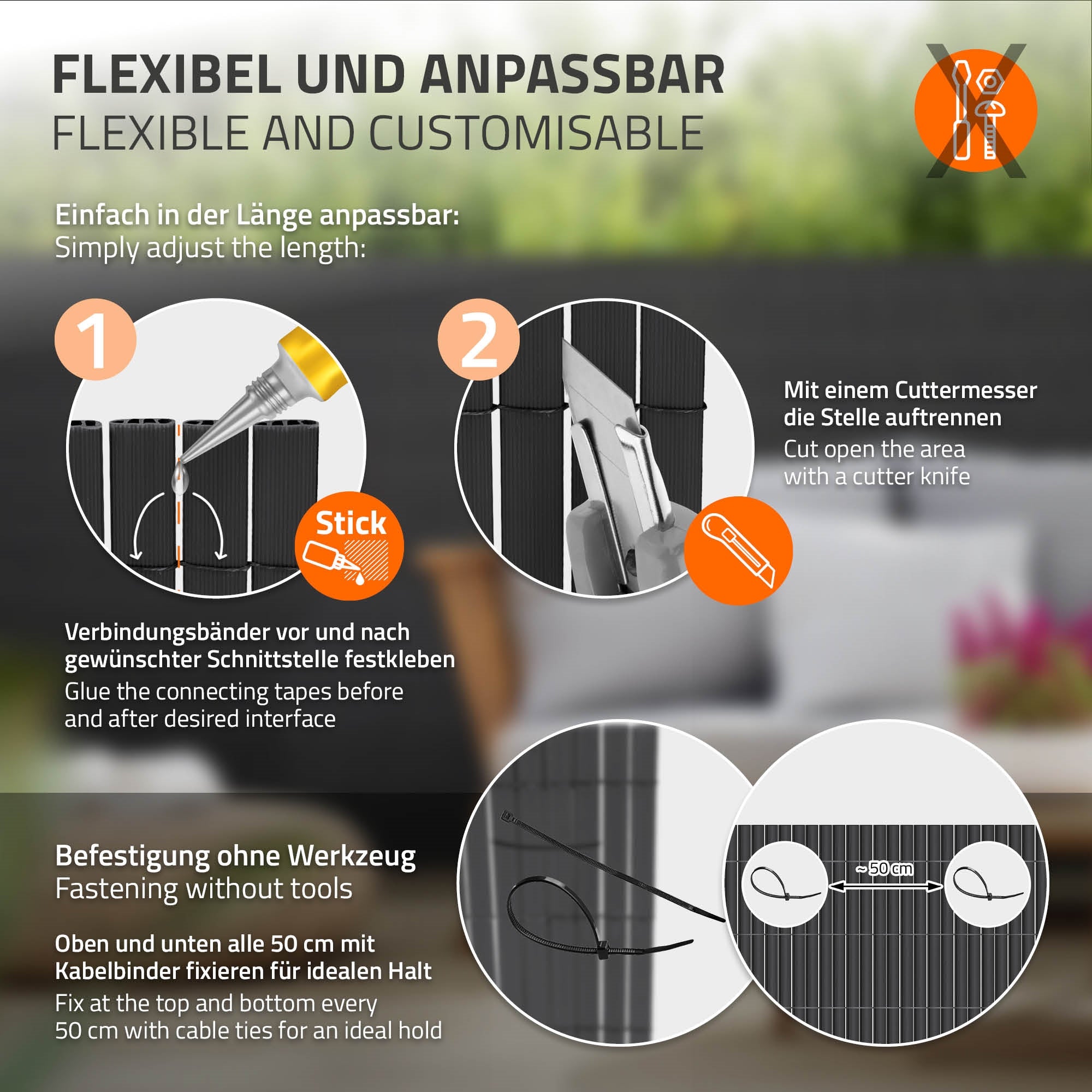 Vejledning til tilpasning af længden med en cutter og tape.
