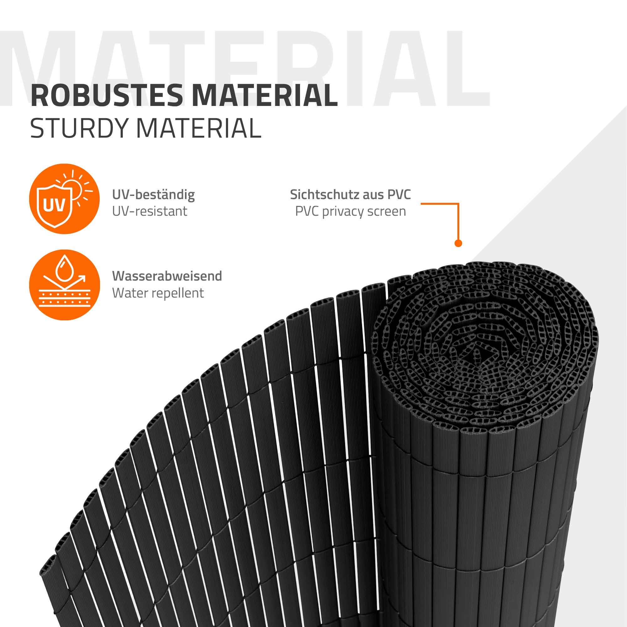 Detailní pohled na PVC zástěnu s textem o robustním materiálu.