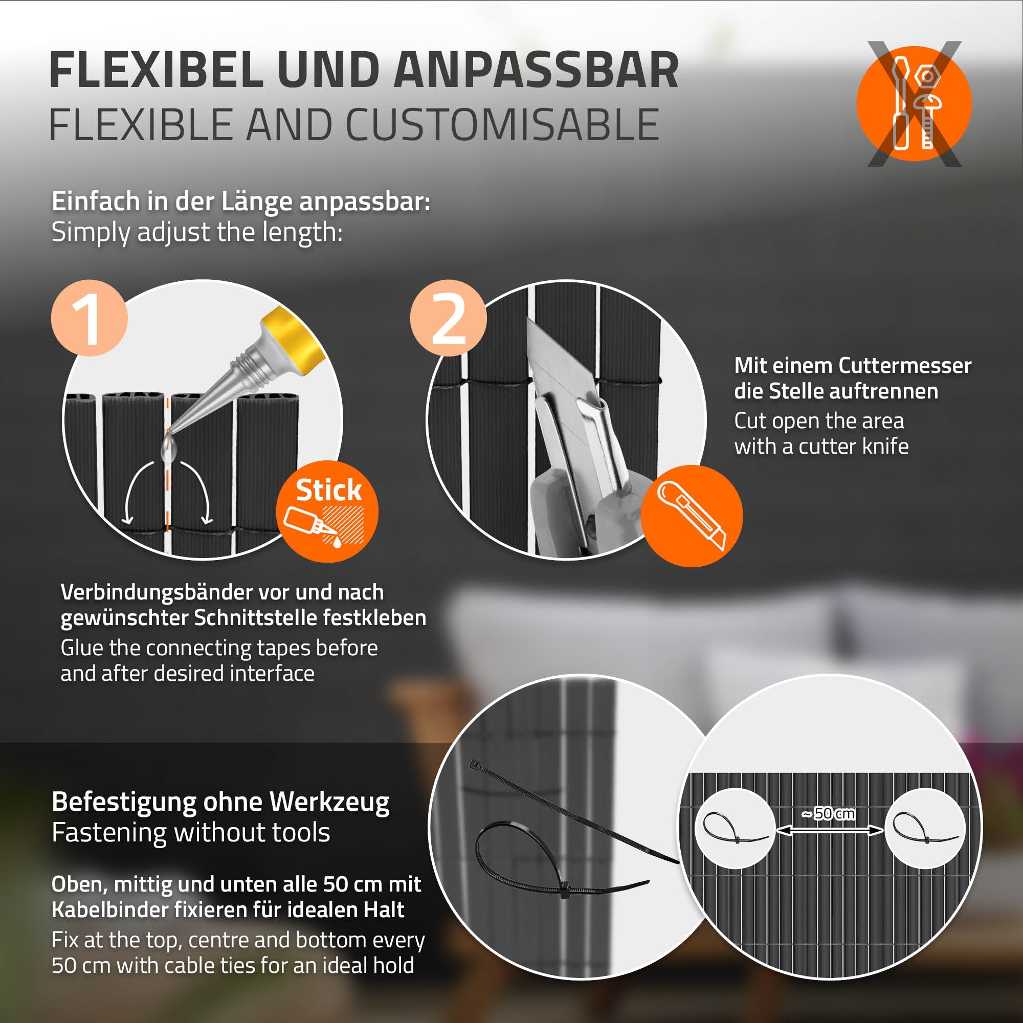 Grafik mit Anweisungen zur flexiblen Anpassung eines Produkts ohne Werkzeuge.