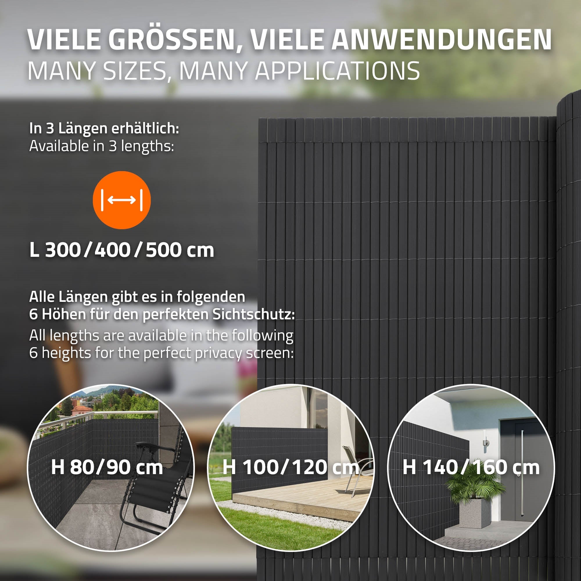 Information on various sizes and applications of privacy screens.