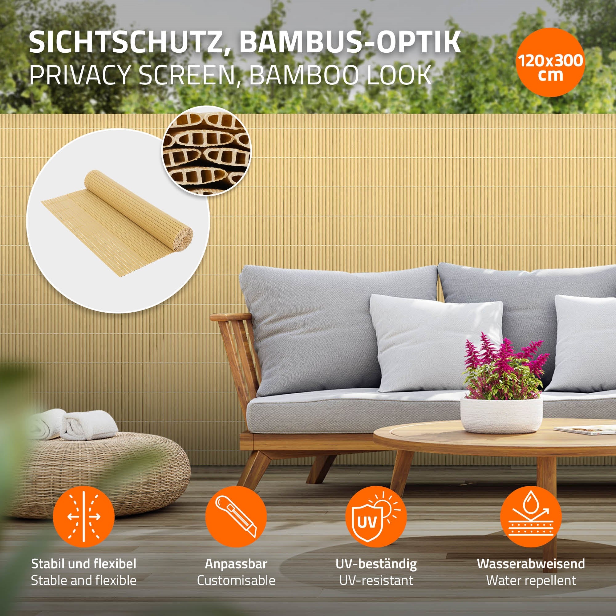 Sichtschutz in Bambus-Optik, auf einer Couch mit Informationen über Eigenschaften.