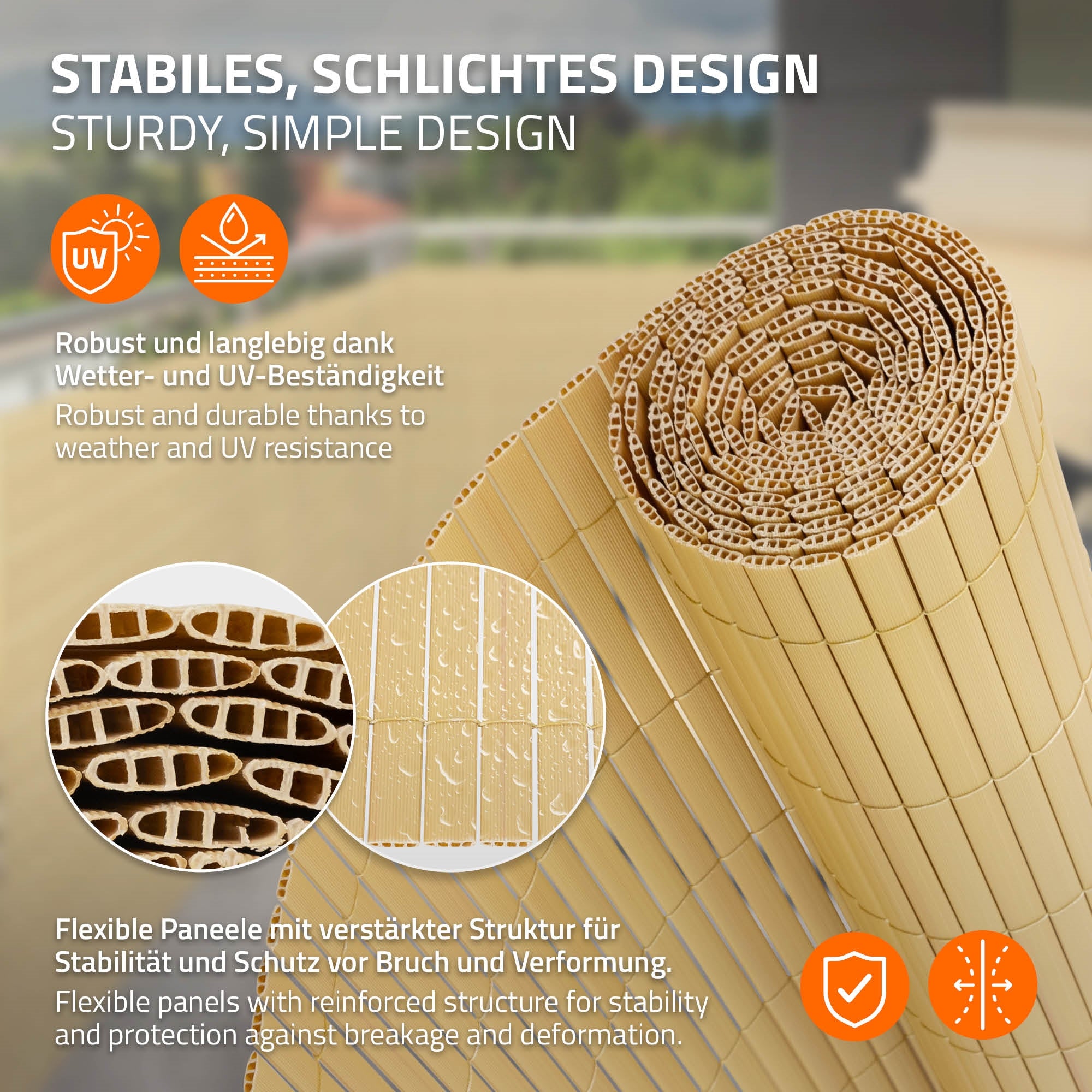 Rulli in materiale flessibile, stabili e resistenti alle intemperie.