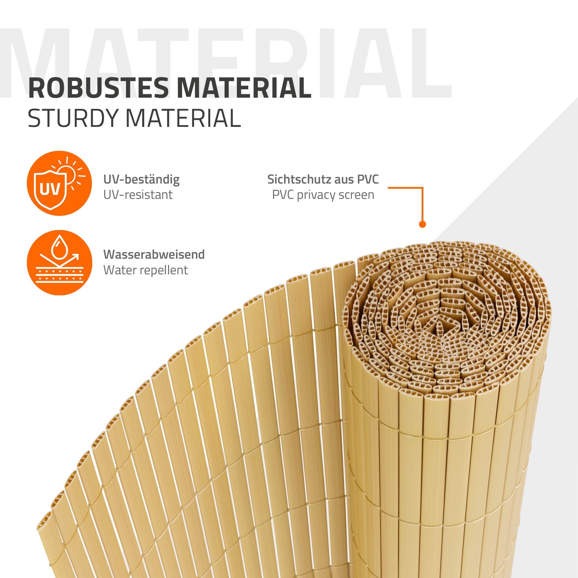 Rolly z robustního, UV odolného PVC materiálu, který je vodoodpudivý.