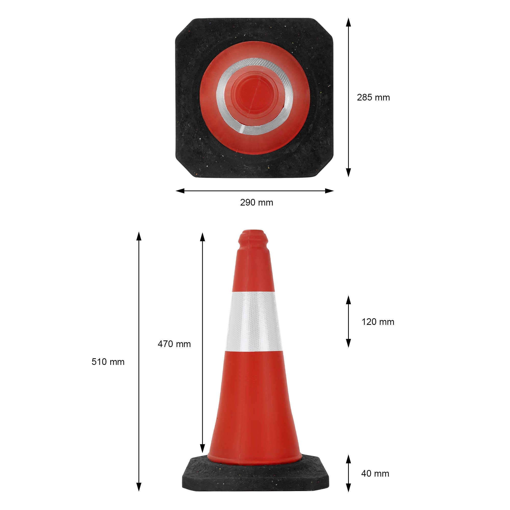 Rode verkeerskegels op een zwarte achtergrond, afmetingen opgegeven.