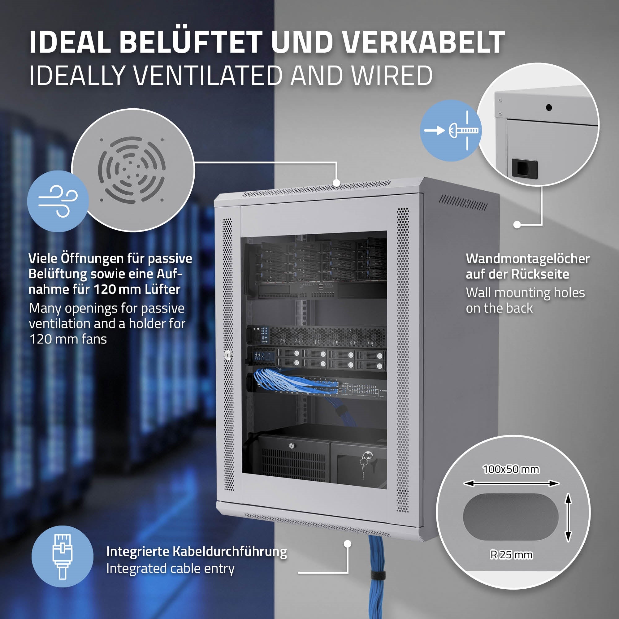 Weißer Serverschrank mit Kabeln und Lüftungsschlitzen, an einer Wand montiert.