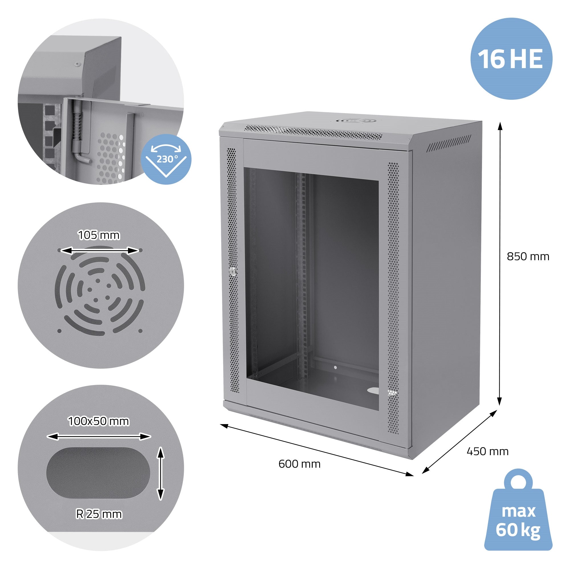 Grauer Serverschrank mit Glasfront, 16 HE, 850 mm hoch, 600 mm breit.