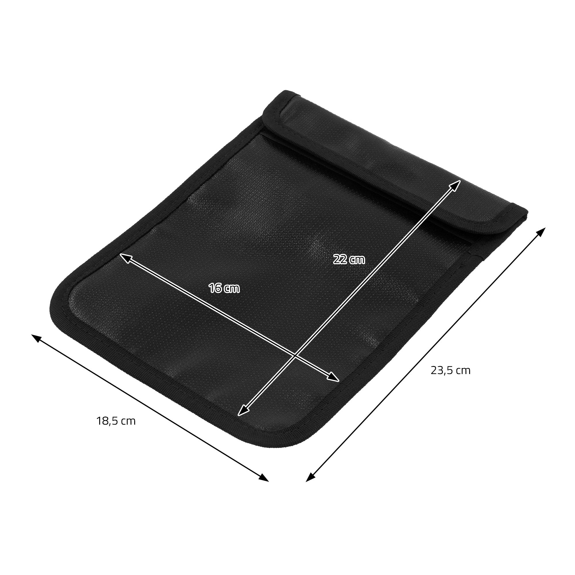 Schwarze Tasche mit Abmessungen und Klappverschluss.