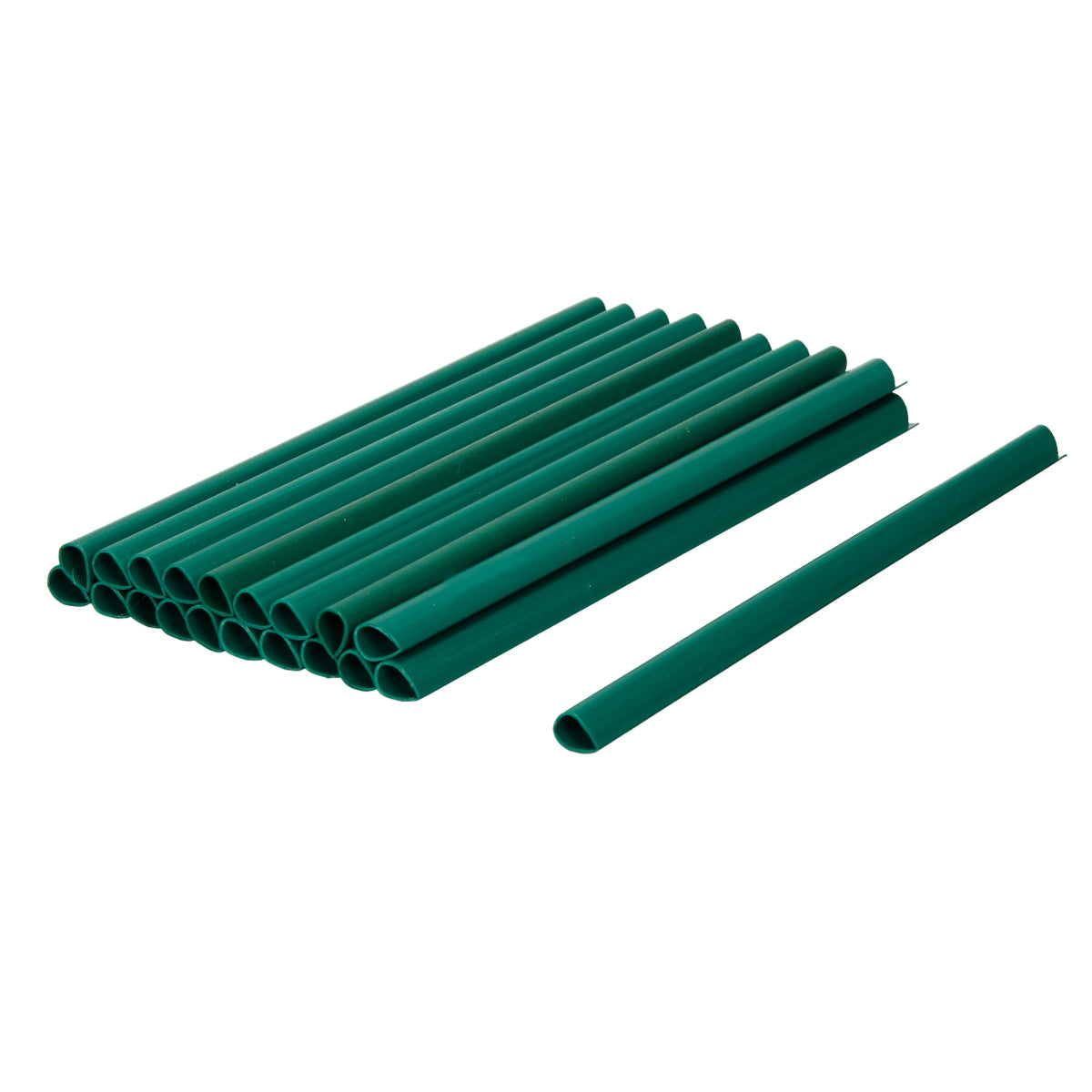 Green plastic pipes in a row, some lying beside.