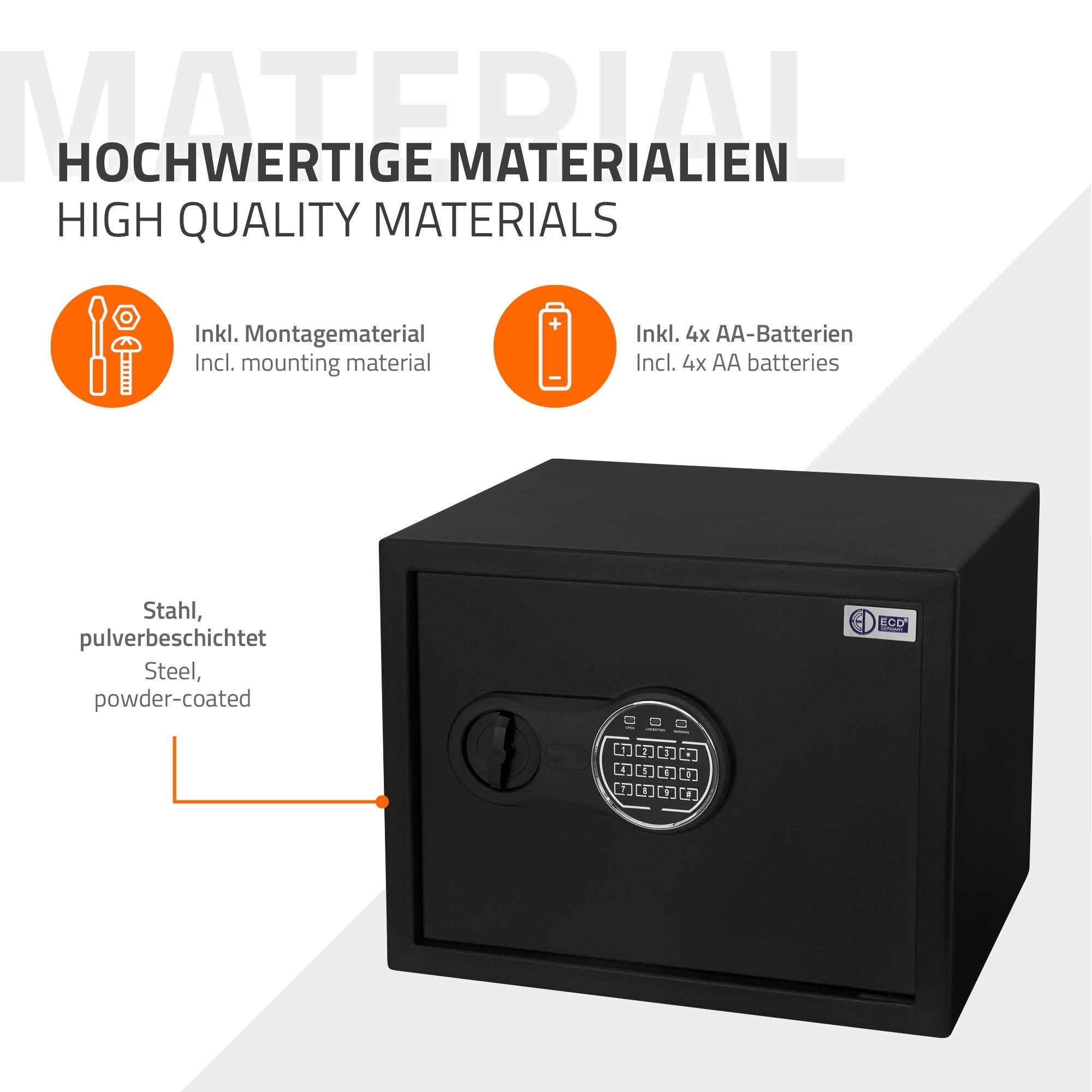 Caja de seguridad de acero recubierto de polvo, con combinación numérica.