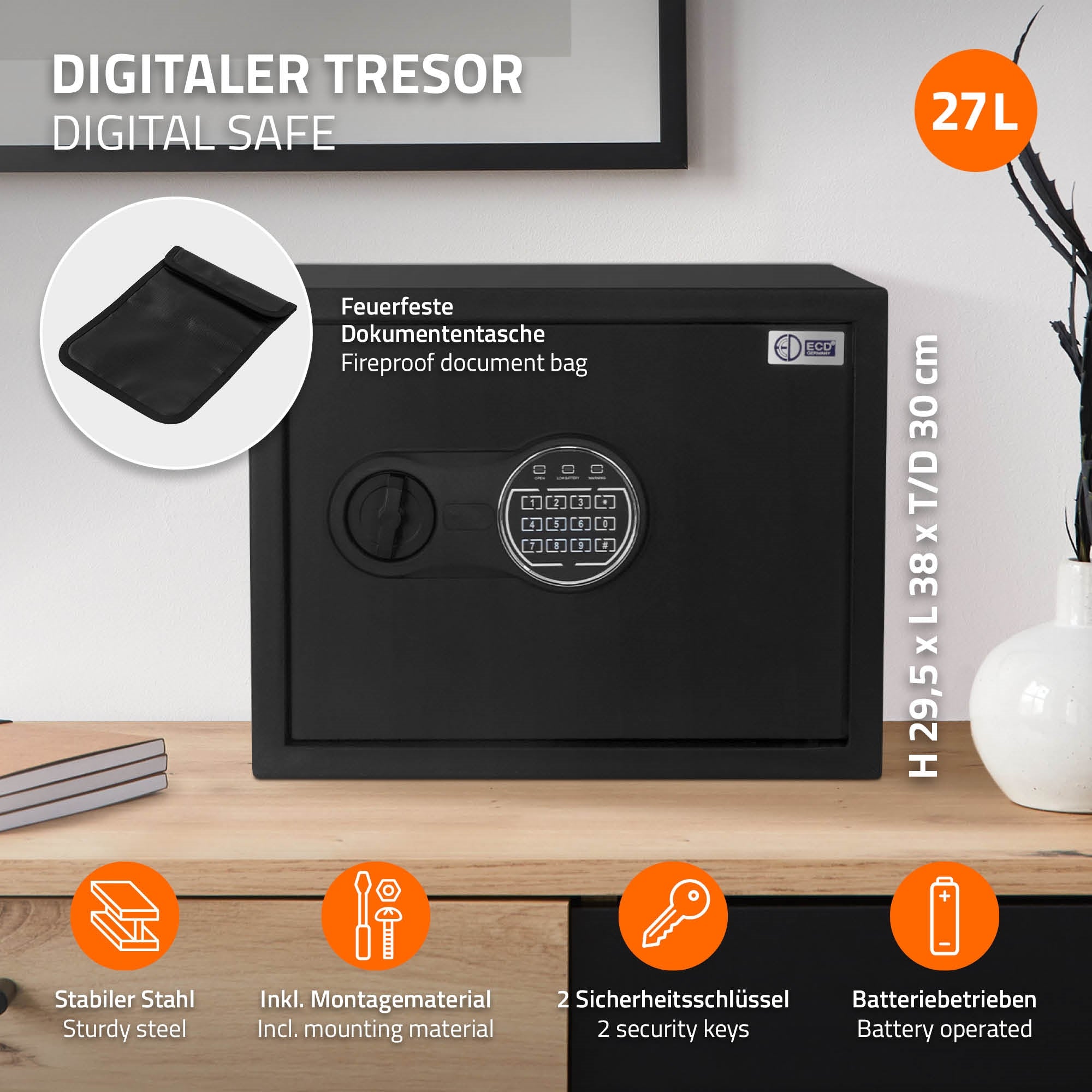 Caja fuerte digital negra con cerradura y bolsa para documentos.