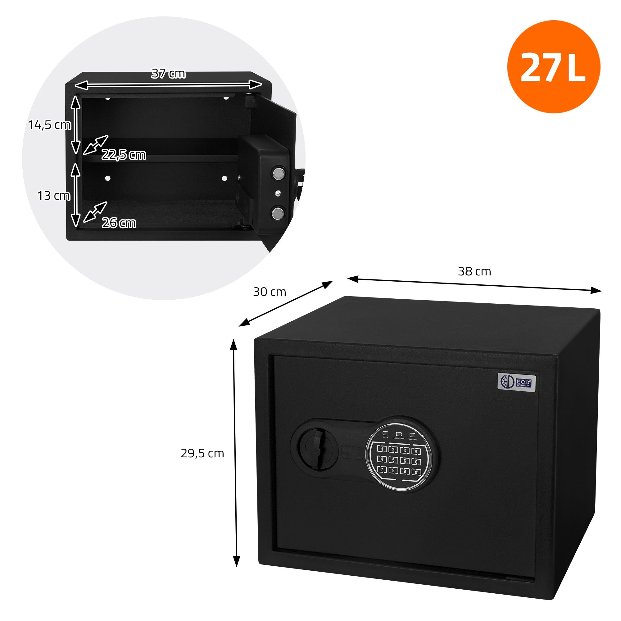 Caja fuerte negra con dimensiones y representación del interior.
