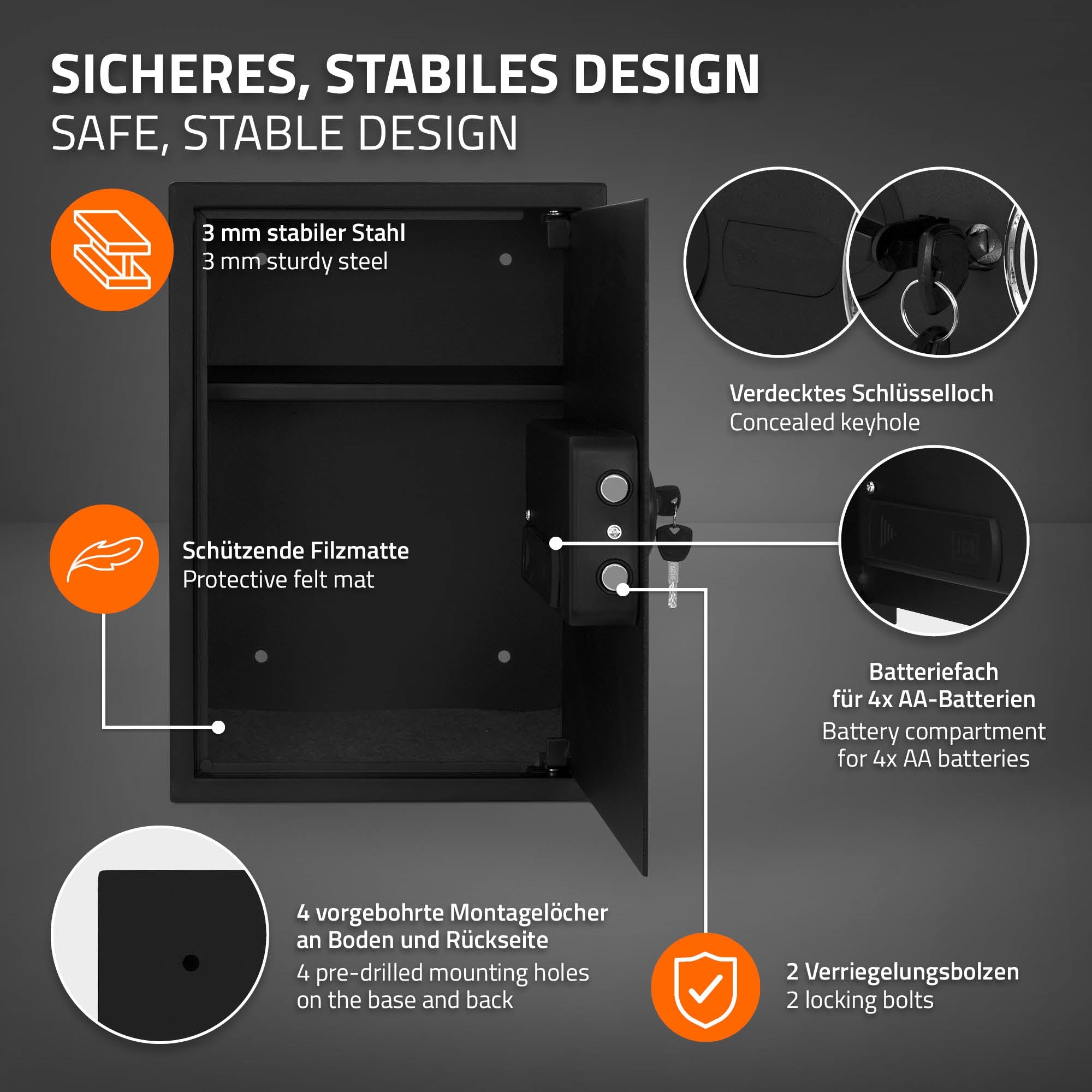 Offener digitaler Tresor mit Innenansicht, Platz für Batterien und Schlüssel.