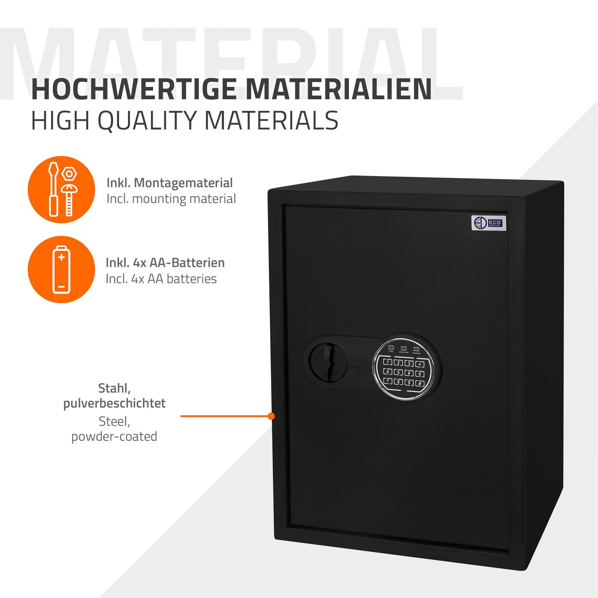 Sichere Box aus pulverbeschichtetem Stahl mit Montagezubehör und Batterien.